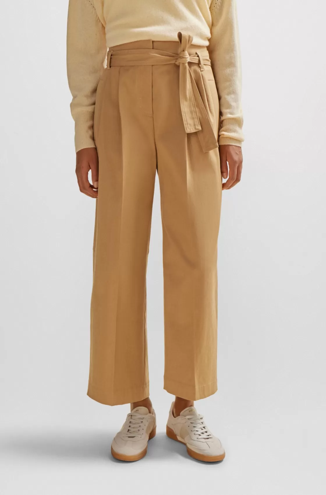 HUGO BOSS Tapered-fit Wide-leg Trousers With Fabric Belt Beige Discount