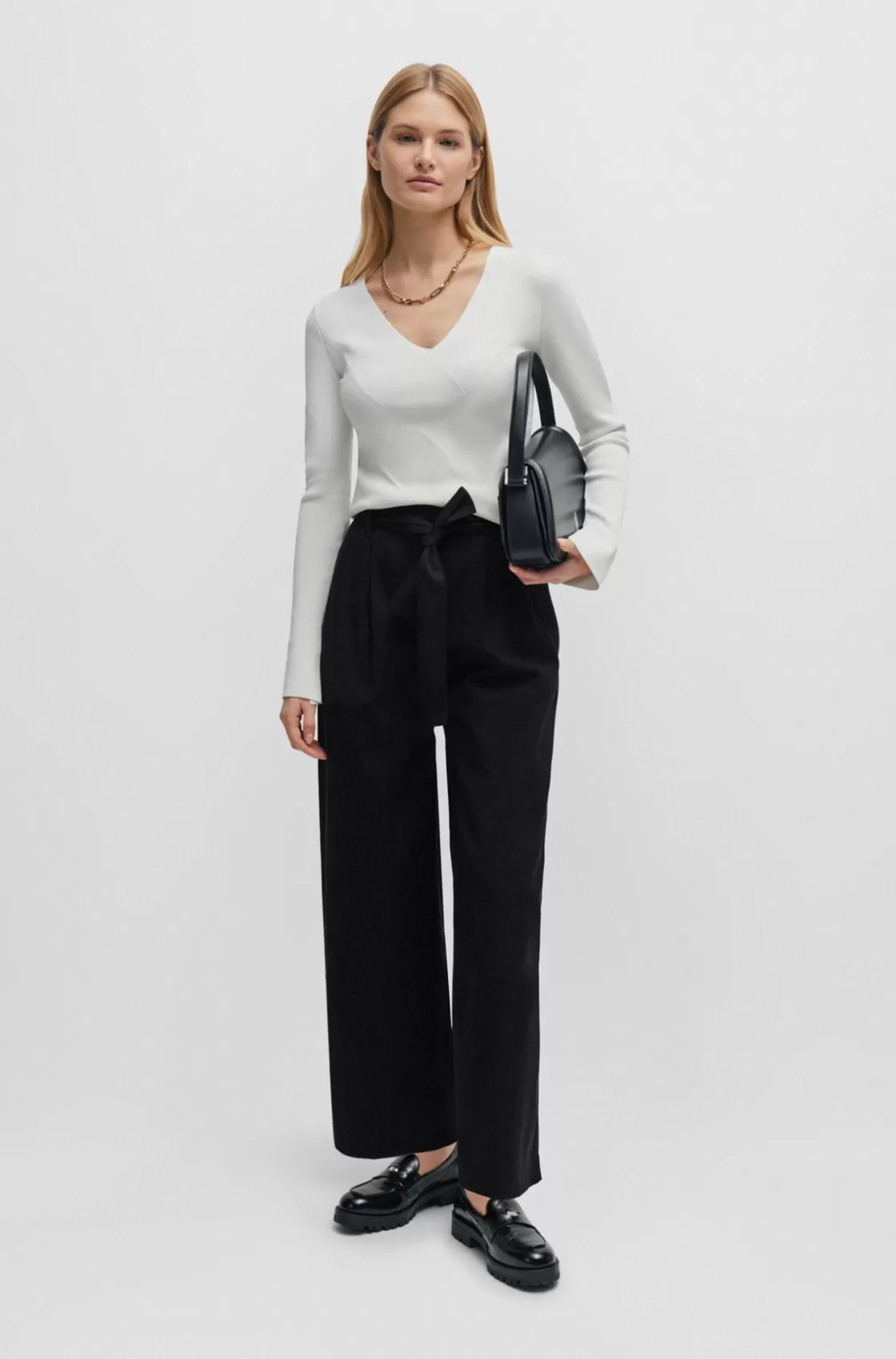 HUGO BOSS Tapered-fit Wide-leg Trousers With Fabric Belt Black Hot
