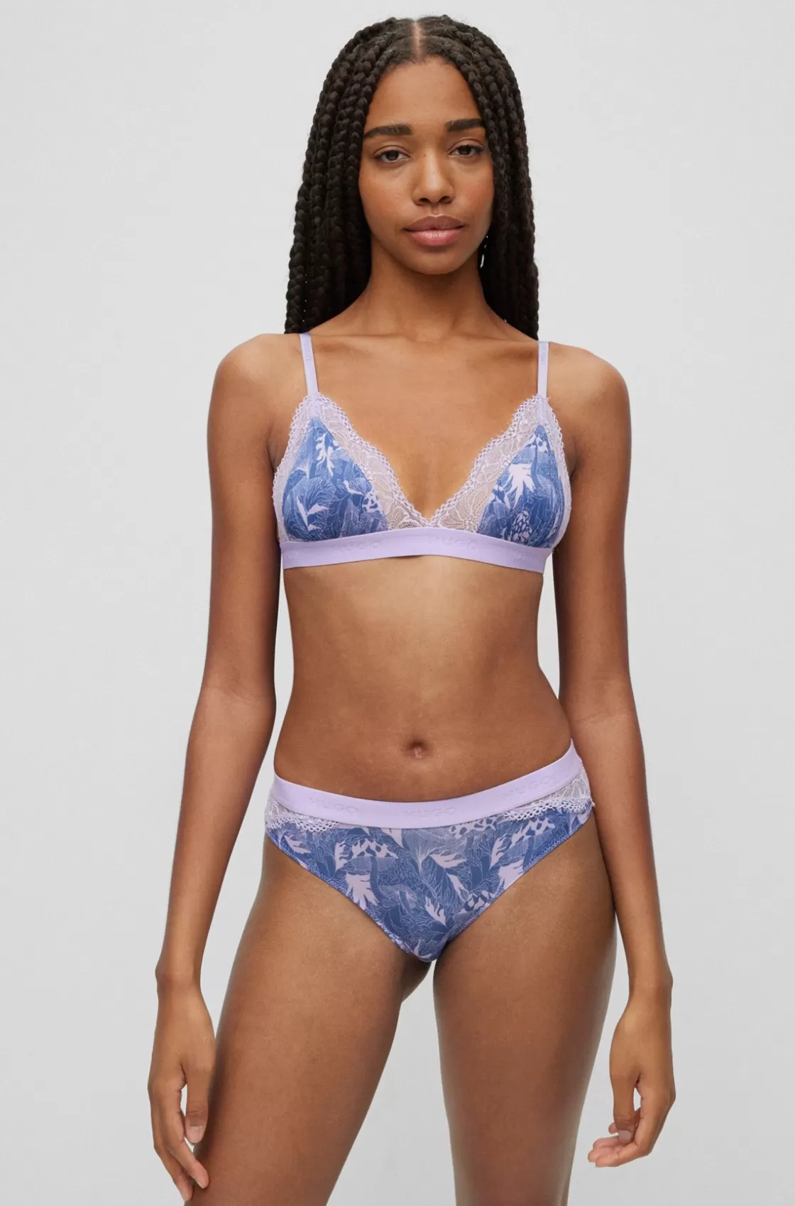 HUGO BOSS Triangle Bra With All-over Print And Lace Trims Light Purple New