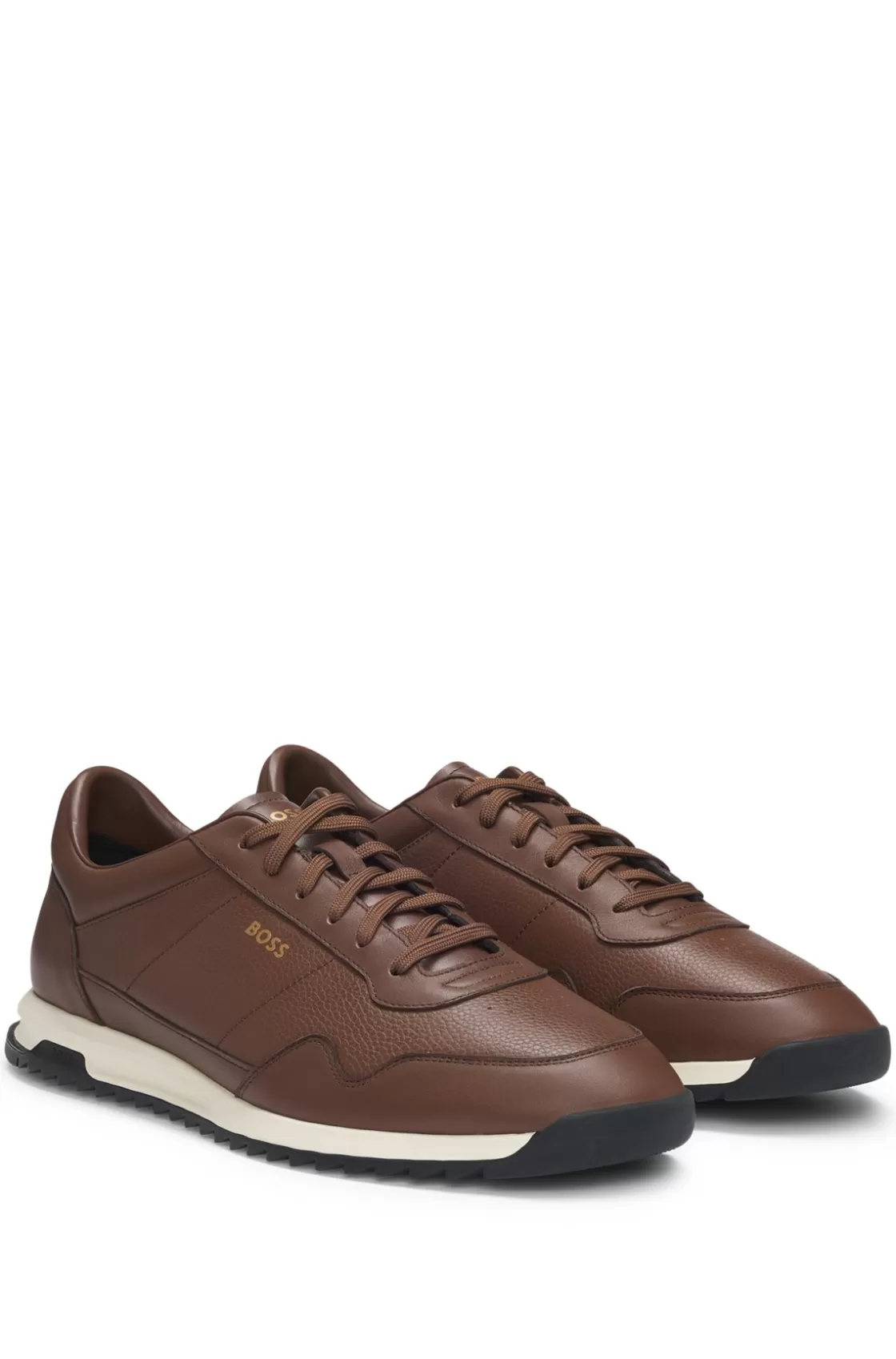 HUGO BOSS Tumbled-leather Lace-up Trainers With Plain Trims Dark Brown Flash Sale