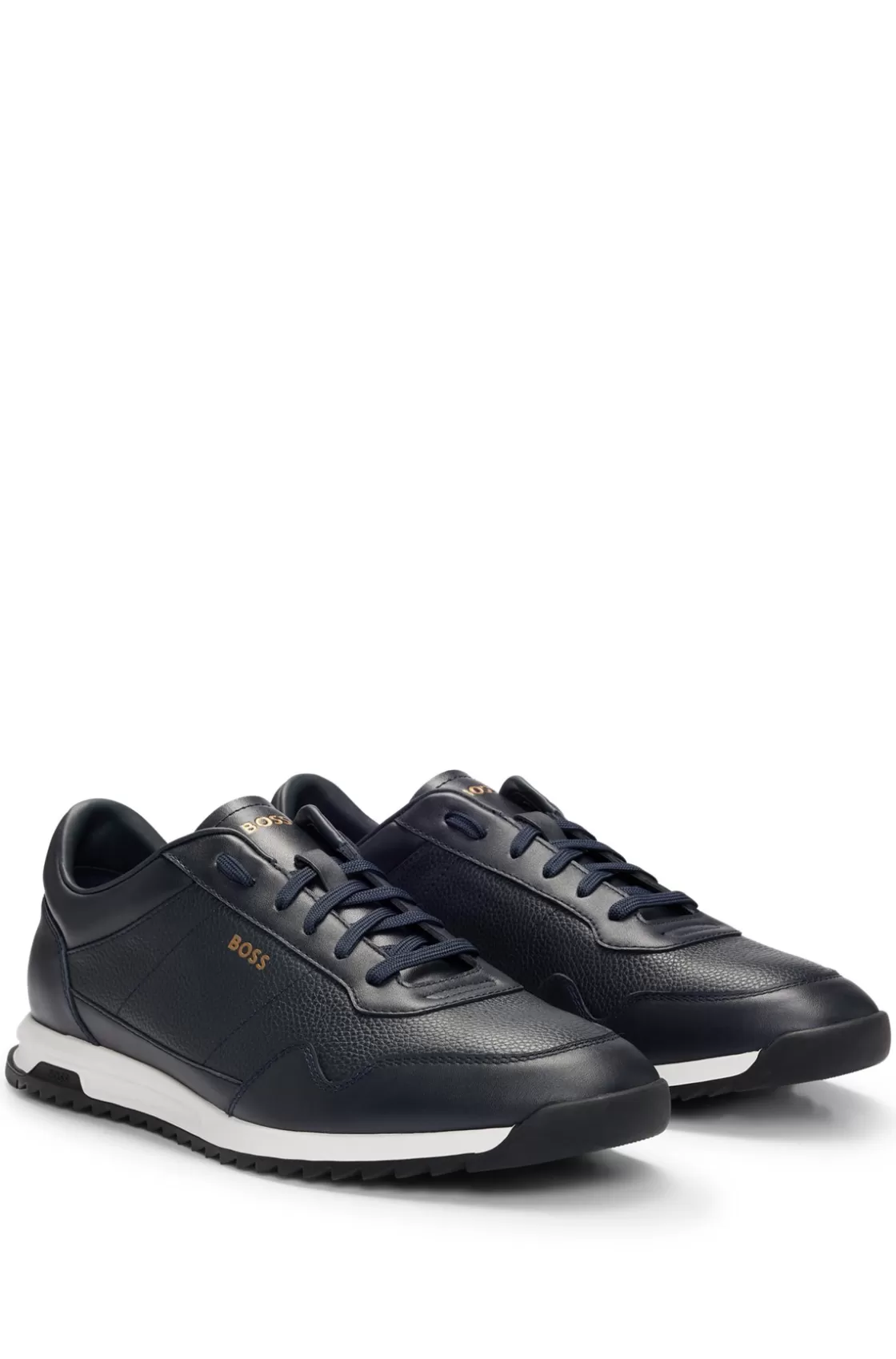 HUGO BOSS Tumbled-leather Lace-up Trainers With Plain Trims Dark Blue Clearance