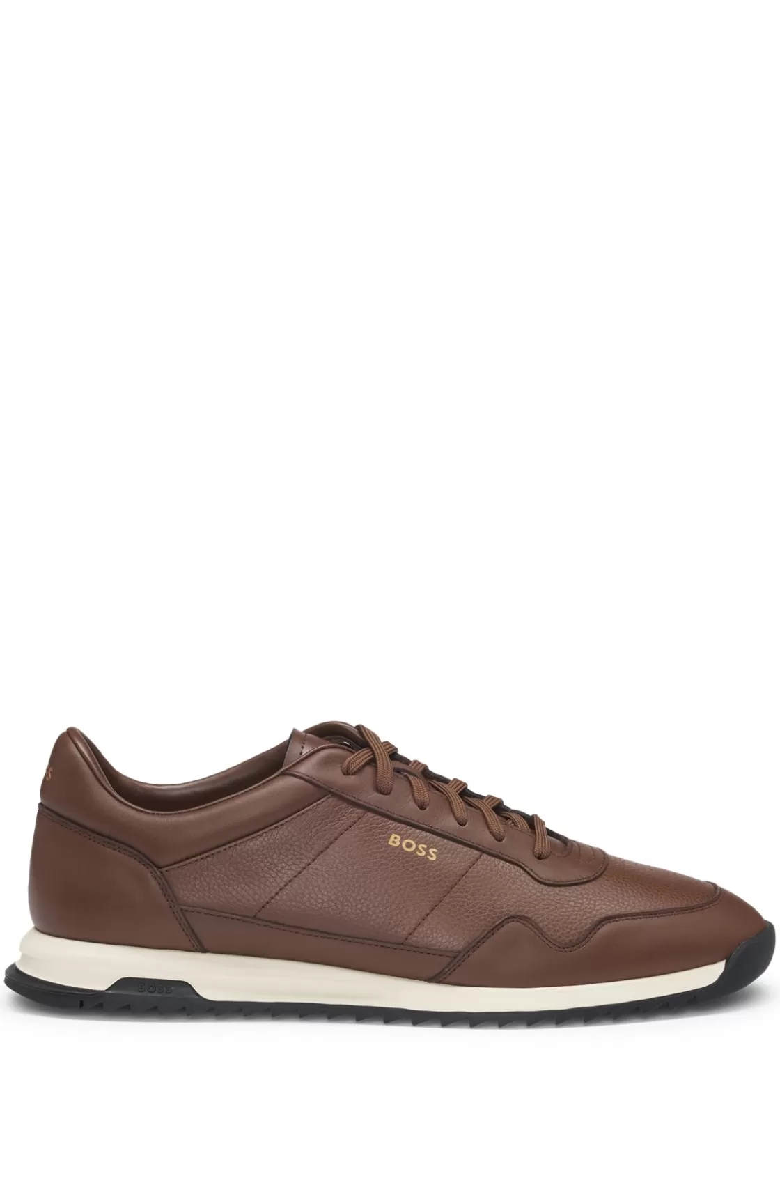 HUGO BOSS Tumbled-leather Lace-up Trainers With Plain Trims Dark Brown Flash Sale