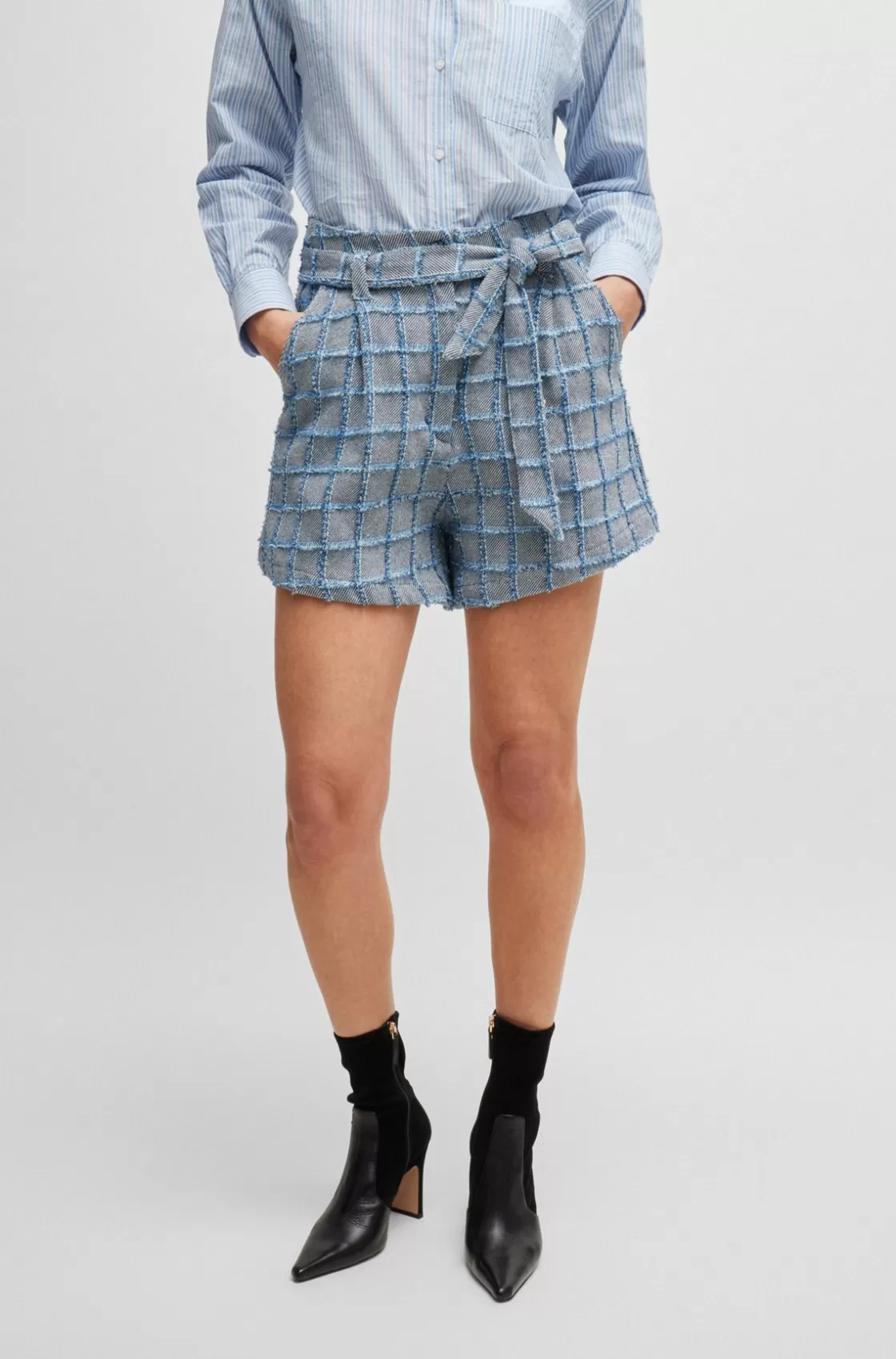 HUGO BOSS Tweed Paperbag Shorts With Denim Check Patterned Outlet