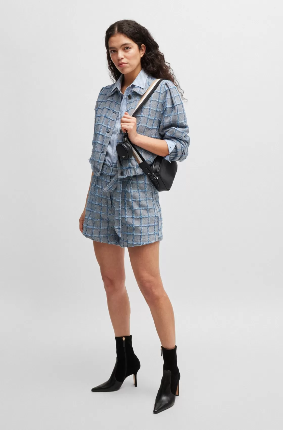 HUGO BOSS Tweed Paperbag Shorts With Denim Check Patterned Outlet