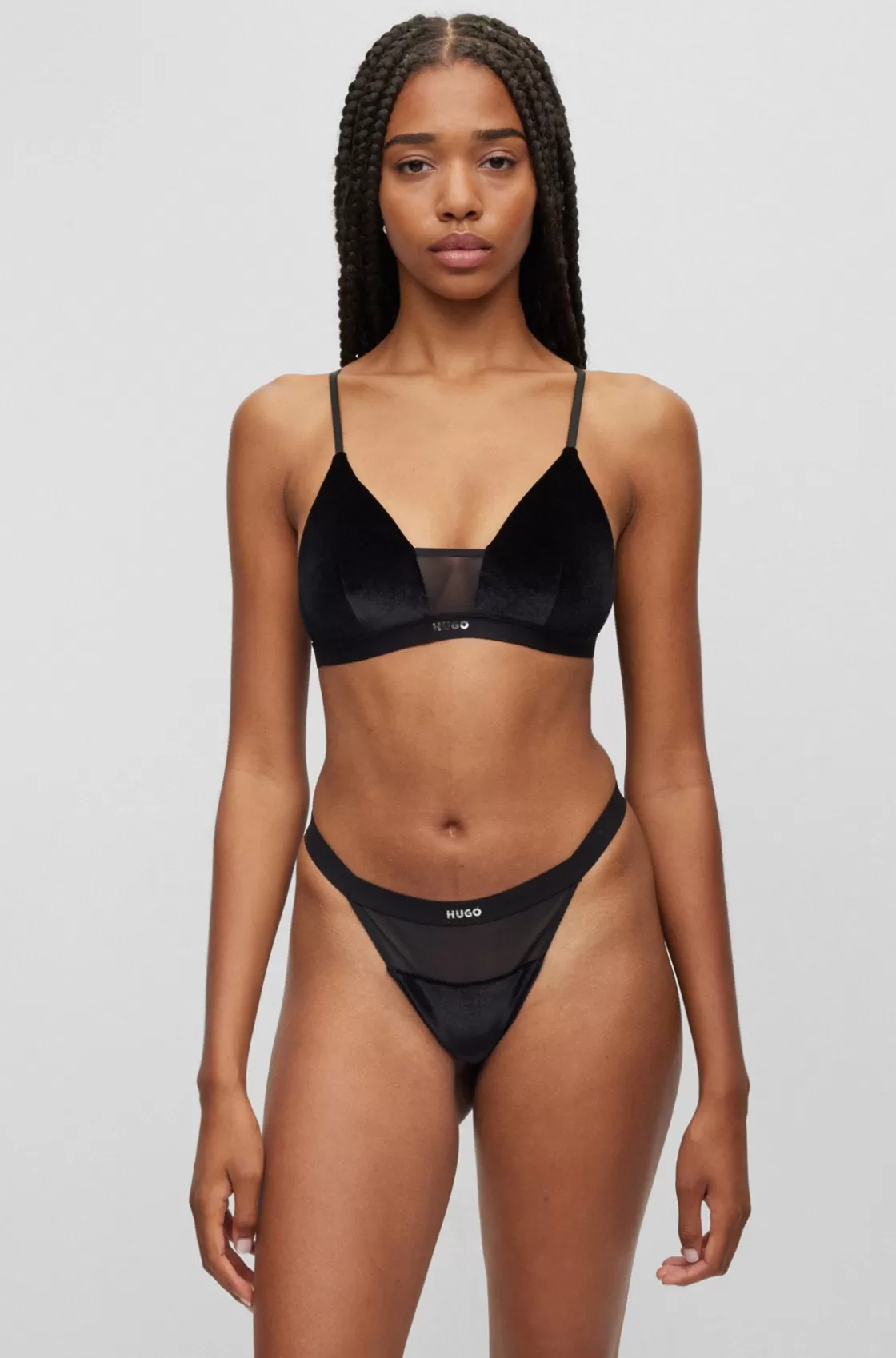 HUGO BOSS Velvet-detail Triangle Bra With Logo Waistband Black Best Sale