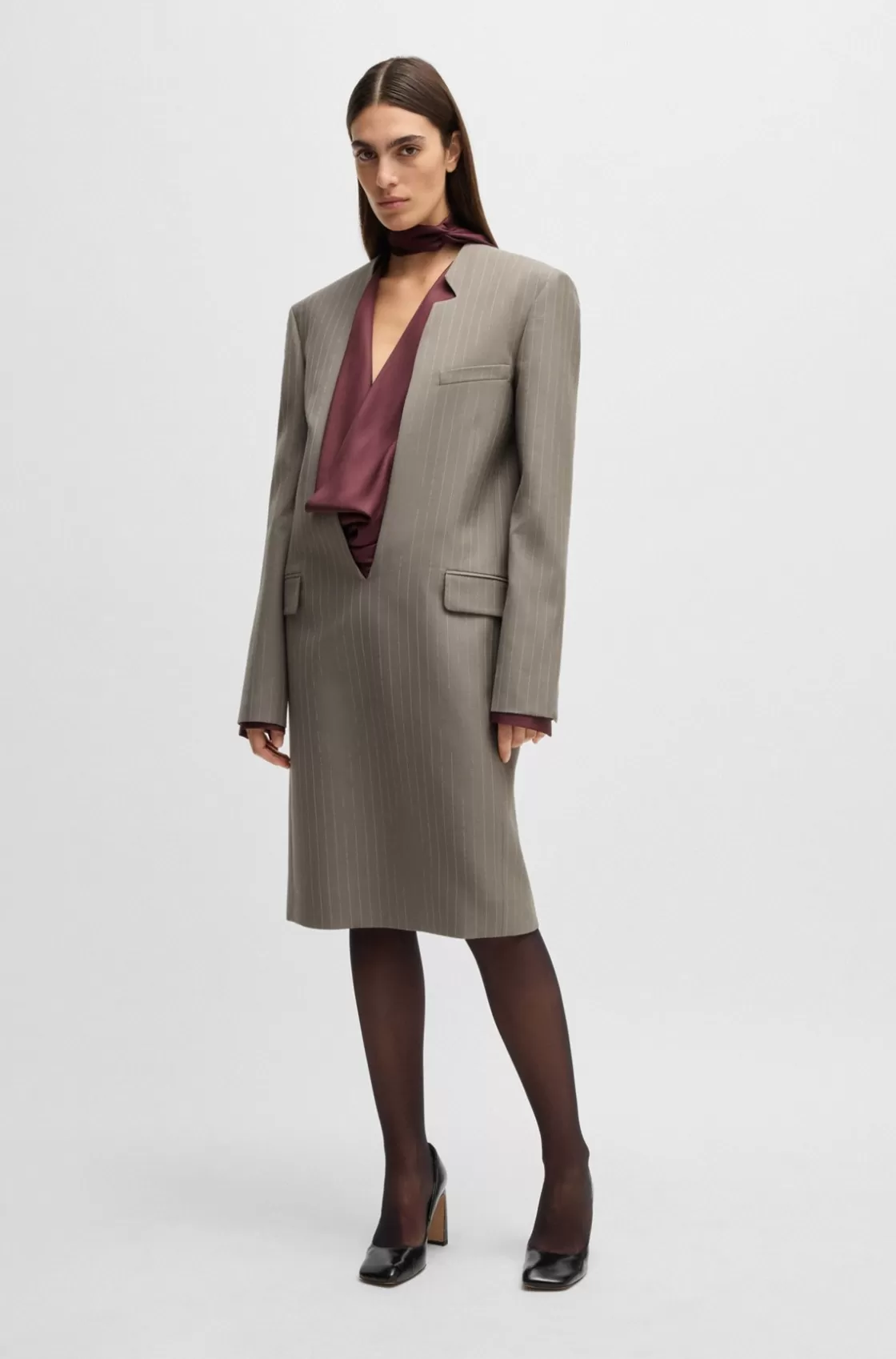 HUGO BOSS V-front Dress In Pinstripe Virgin Wool Light Grey Clearance