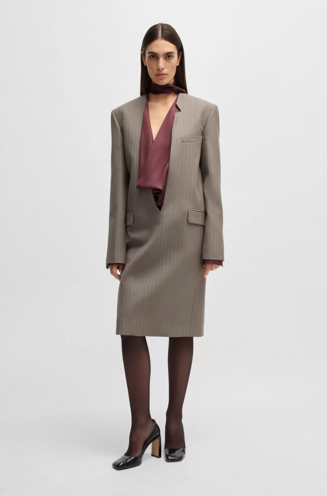 HUGO BOSS V-front Dress In Pinstripe Virgin Wool Light Grey Clearance