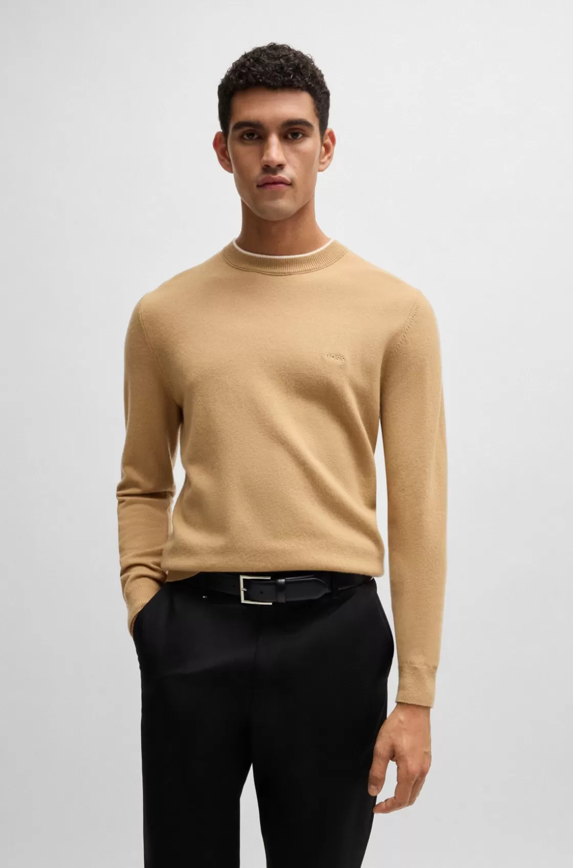 HUGO BOSS Virgin-wool Sweater With Embroidered Logo Beige Cheap