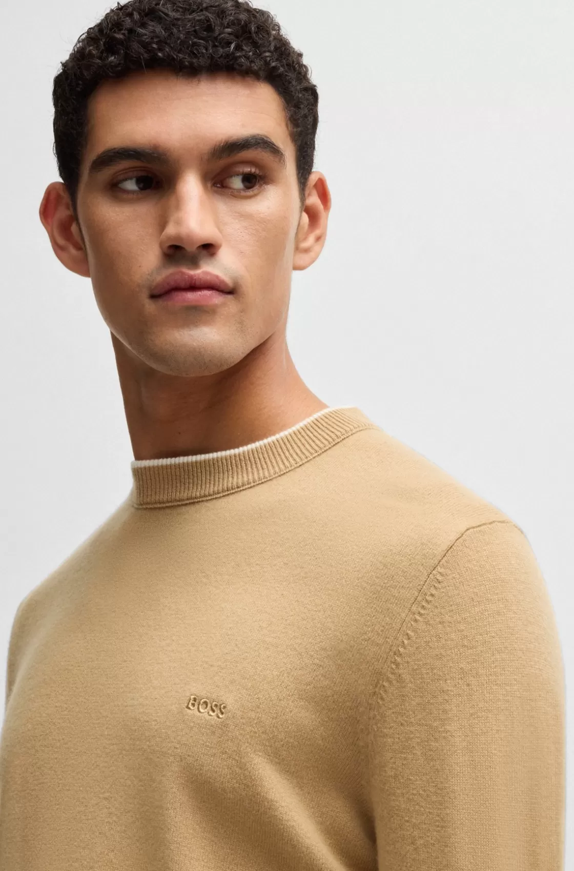 HUGO BOSS Virgin-wool Sweater With Embroidered Logo Beige Cheap