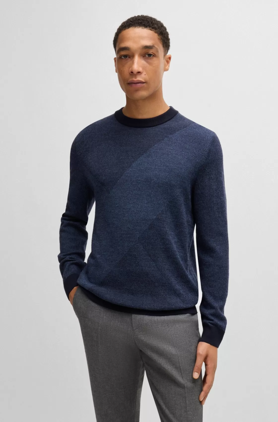 HUGO BOSS Virgin-wool Sweater With Two-tone Jacquard Pattern Dark Blue Store