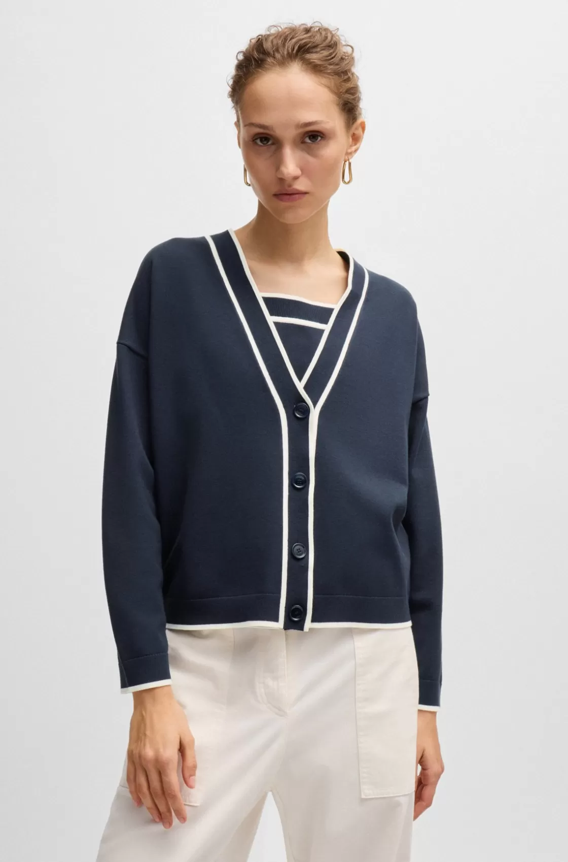 HUGO BOSS V-neck Cardigan In Stretch Fabric With Button Closure Dark Blue Hot