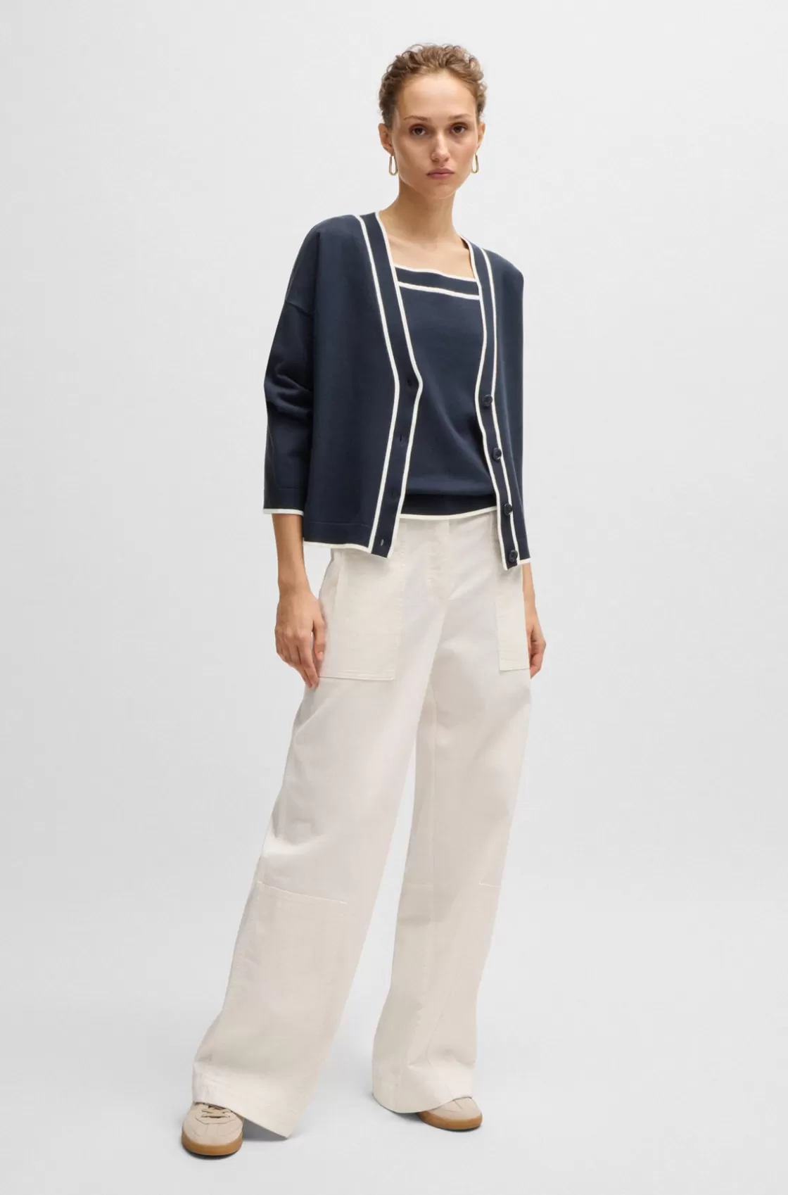 HUGO BOSS V-neck Cardigan In Stretch Fabric With Button Closure Dark Blue Hot