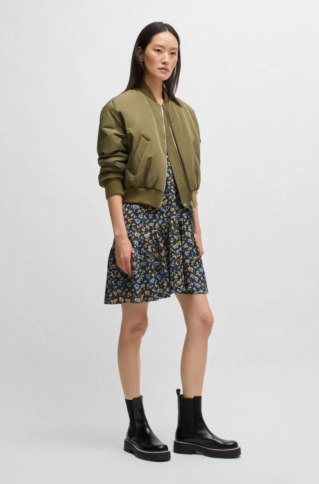 HUGO BOSS V-neck Dress In Printed Satin With Gathered Sleeves Patterned Best Sale