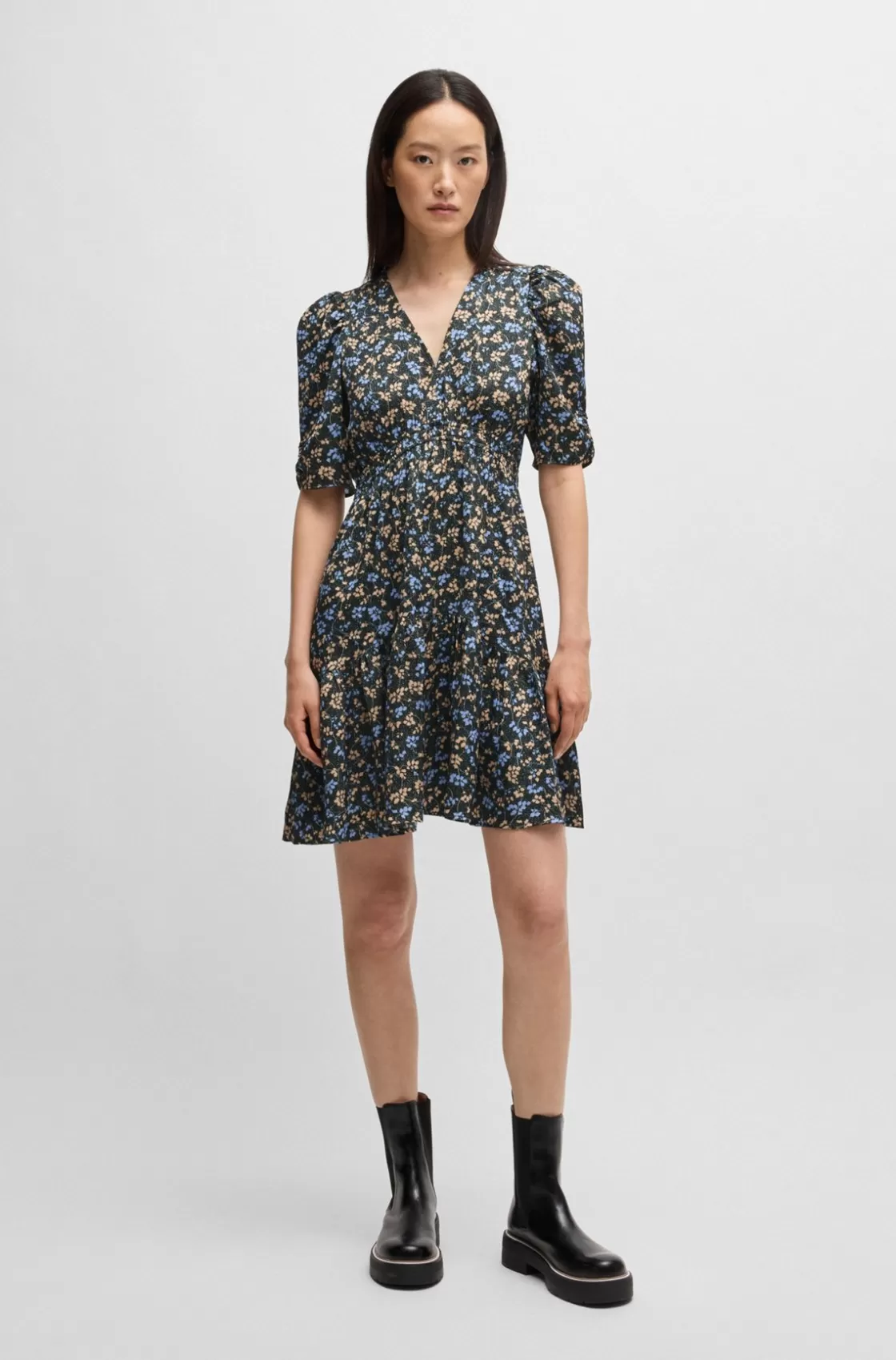 HUGO BOSS V-neck Dress In Printed Satin With Gathered Sleeves Patterned Best Sale