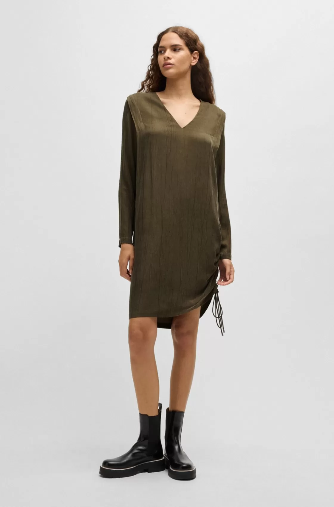HUGO BOSS V-neck Midi Dress With Drawcord Detail Dark Green Fashion