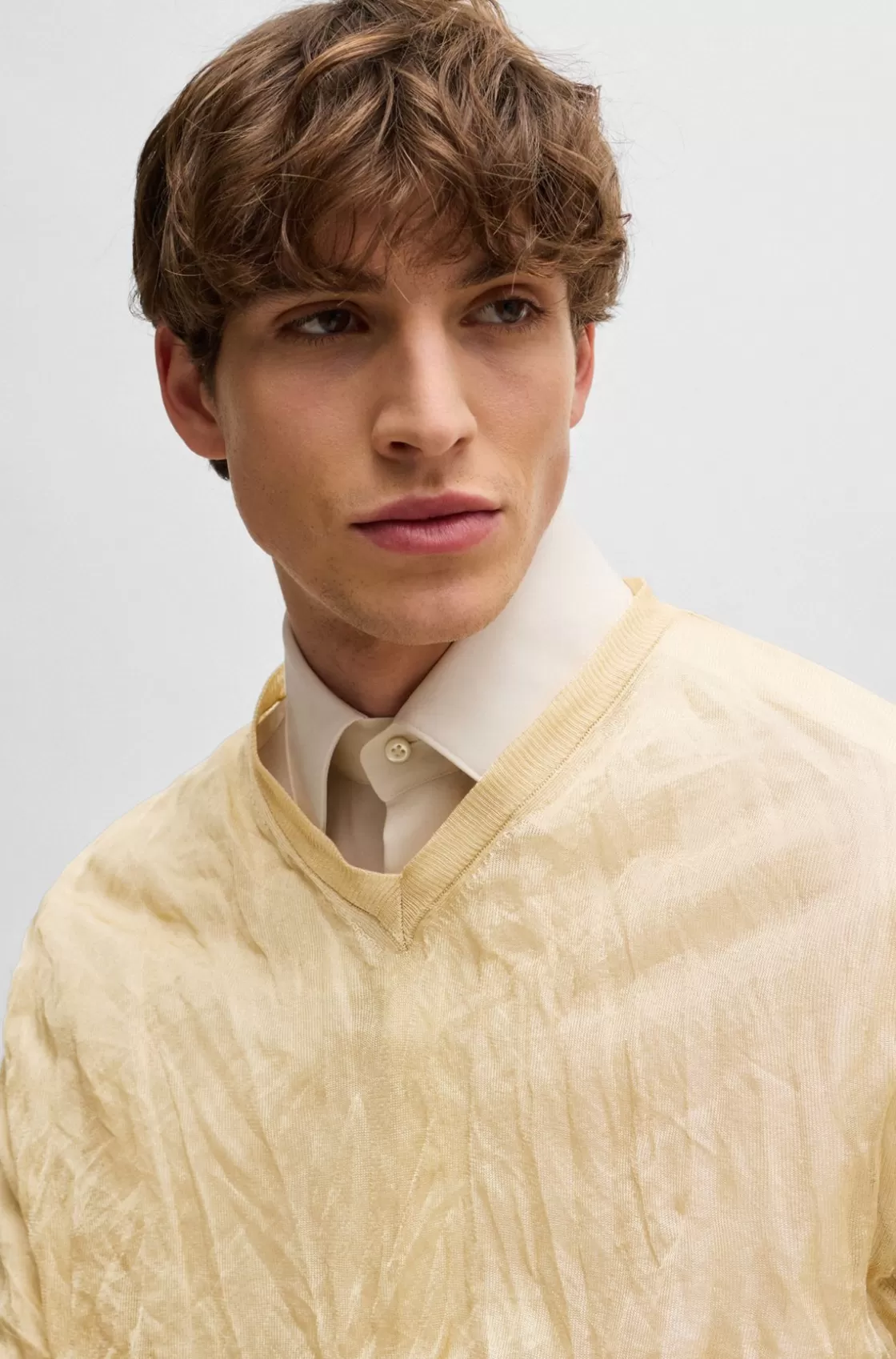 HUGO BOSS V-neck Sweater In A Crinkled Knit With Metalized Fibres Light Beige Best Sale