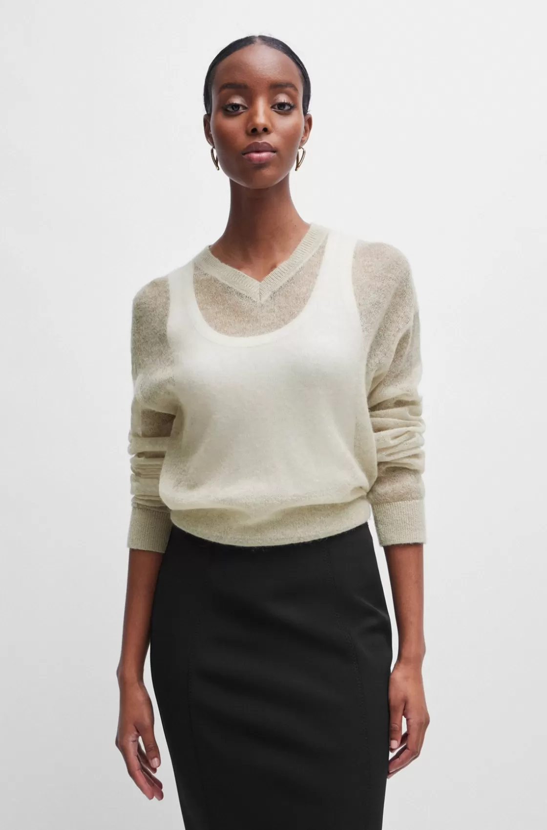 HUGO BOSS V-neck Sweater In A Sheer Knit Light Beige Flash Sale
