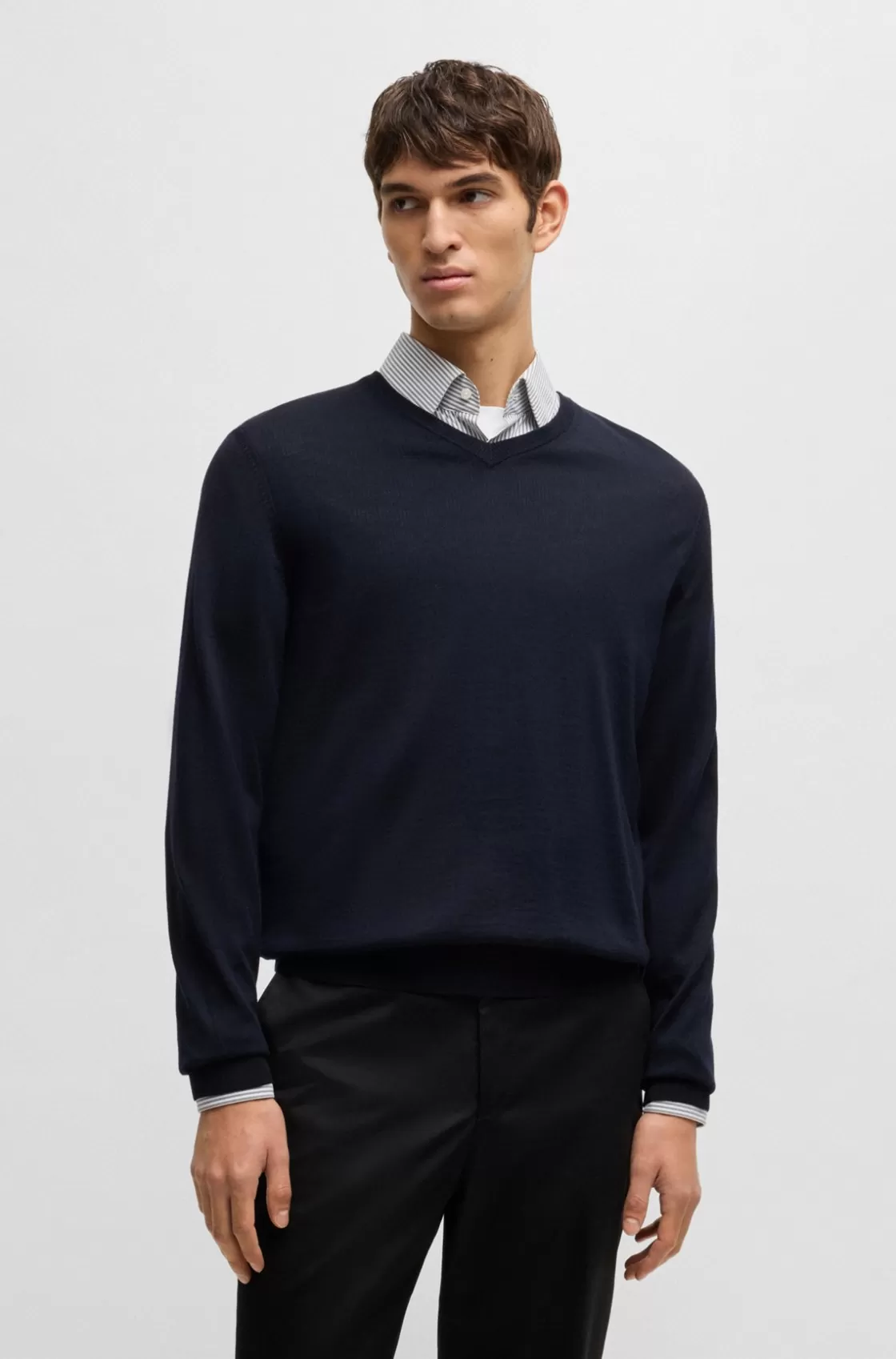 HUGO BOSS V-neck Sweater In Virgin Wool Dark Blue Best Sale