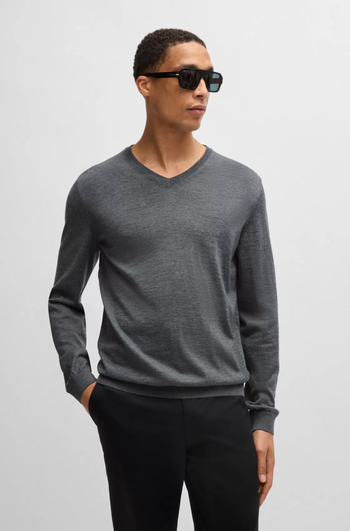 HUGO BOSS V-neck Sweater In Virgin Wool Grey Best