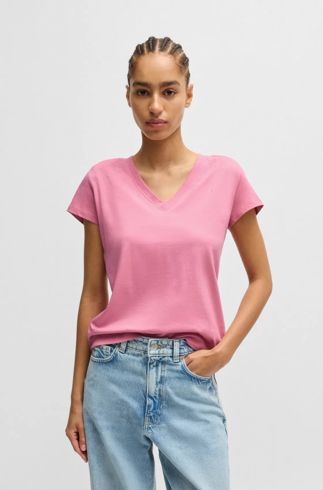 HUGO BOSS V-neck T-shirt In Cotton With Embellishments Light Purple Store
