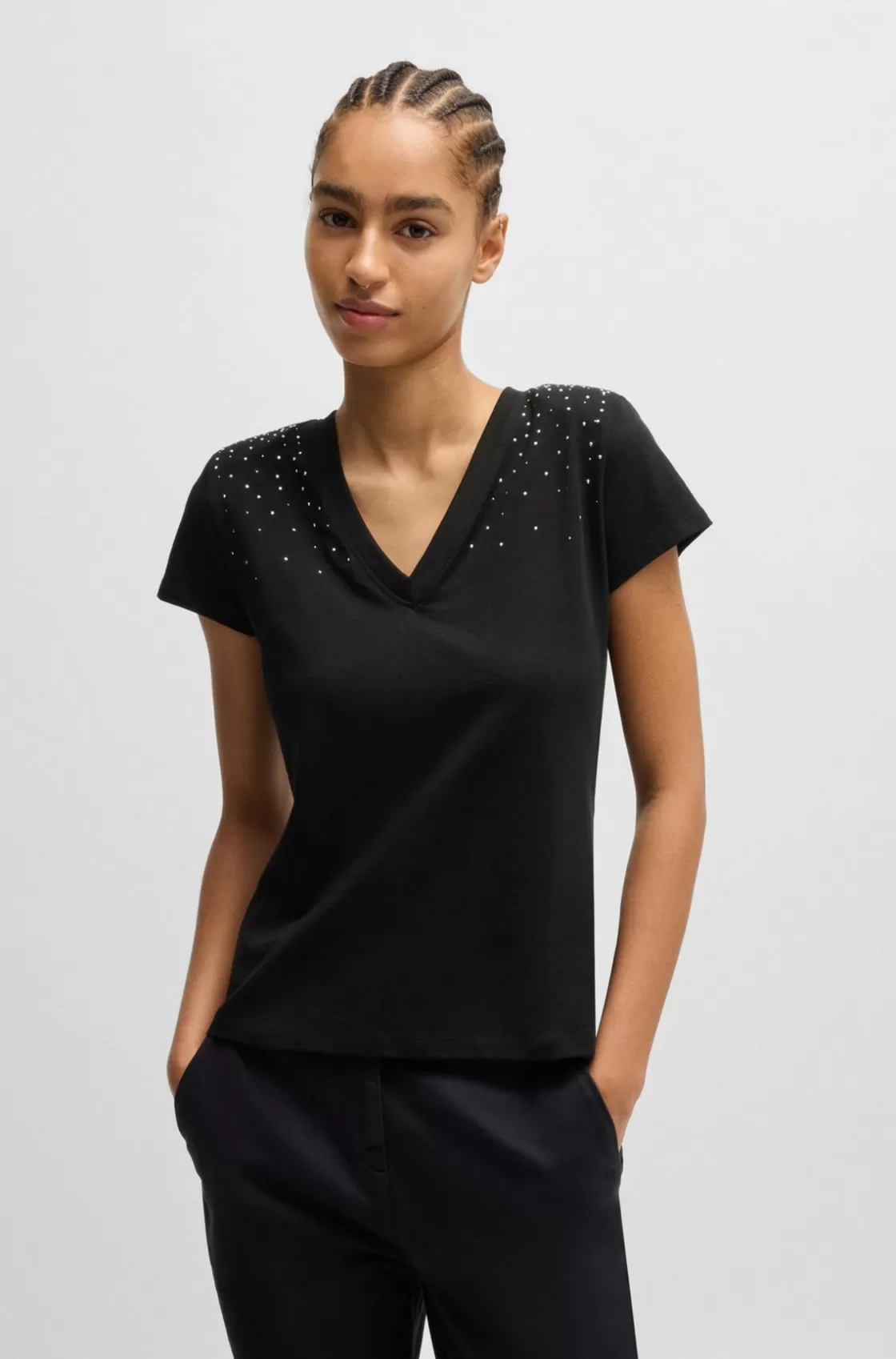 HUGO BOSS V-neck T-shirt In Cotton With Embellishments Black Online