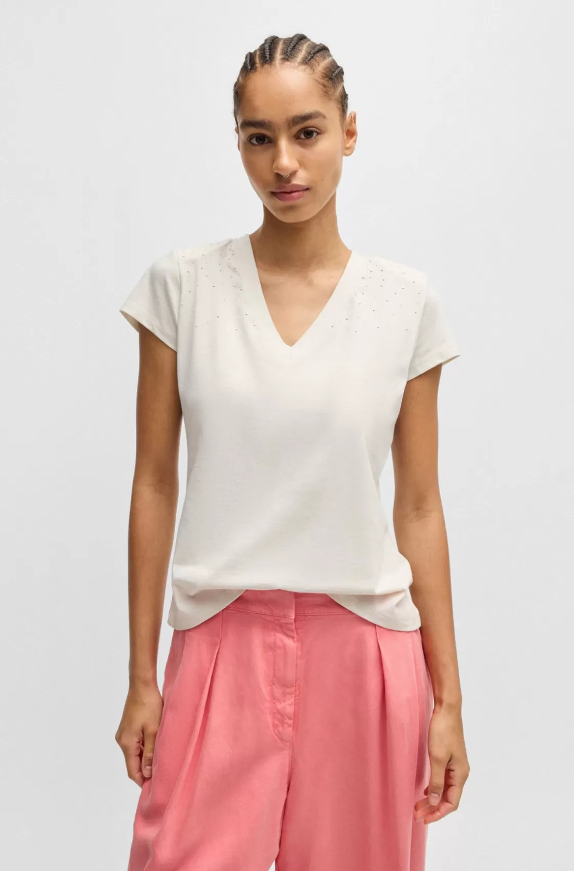 HUGO BOSS V-neck T-shirt In Cotton With Embellishments White Outlet