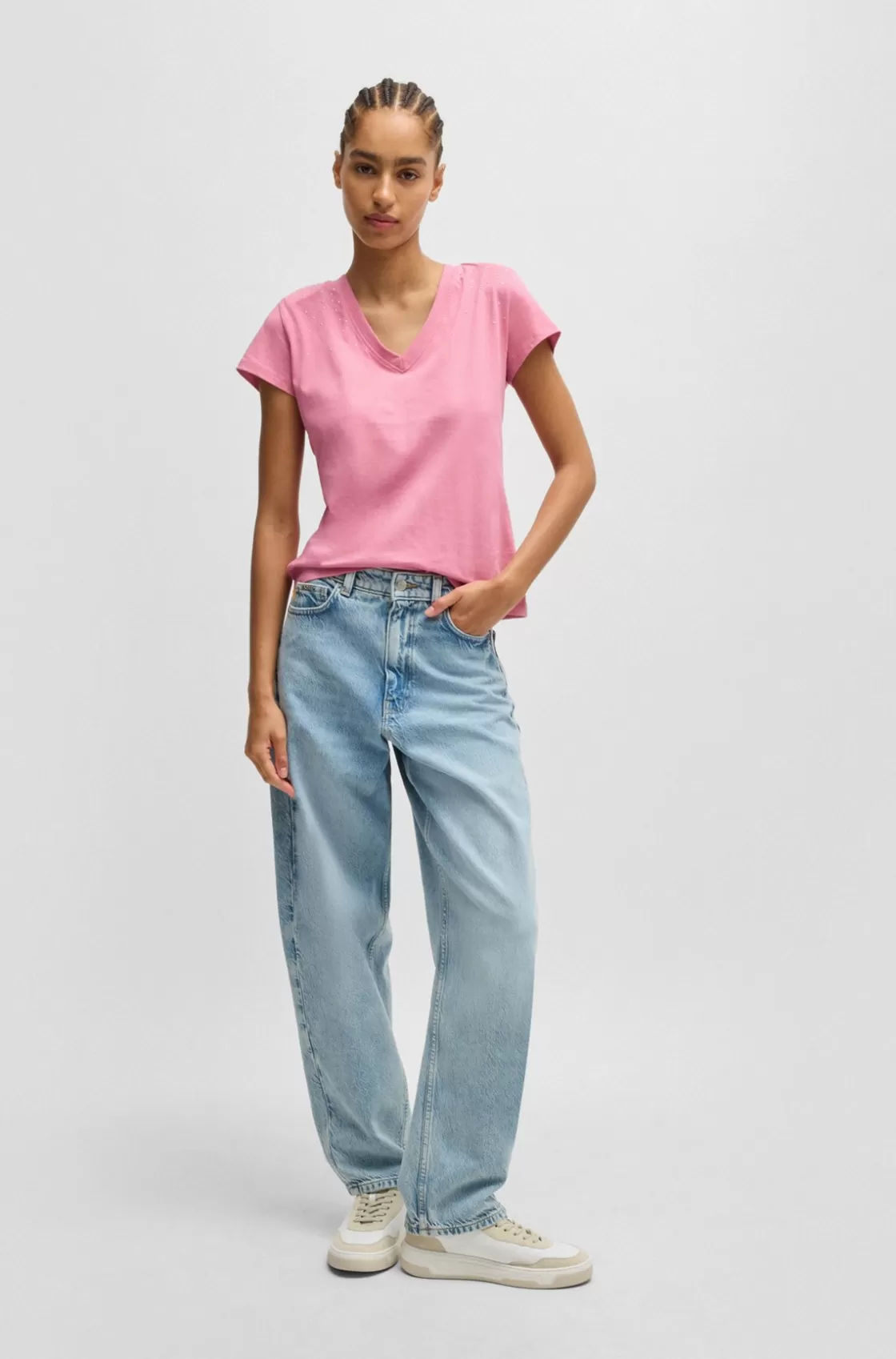 HUGO BOSS V-neck T-shirt In Cotton With Embellishments Light Purple Store