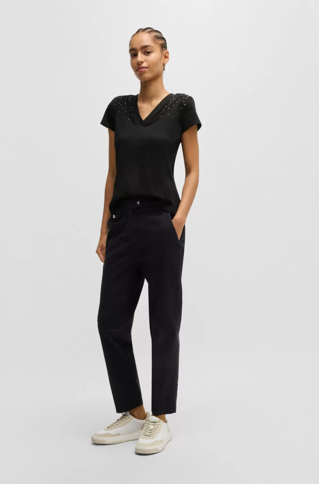 HUGO BOSS V-neck T-shirt In Cotton With Embellishments Black Online