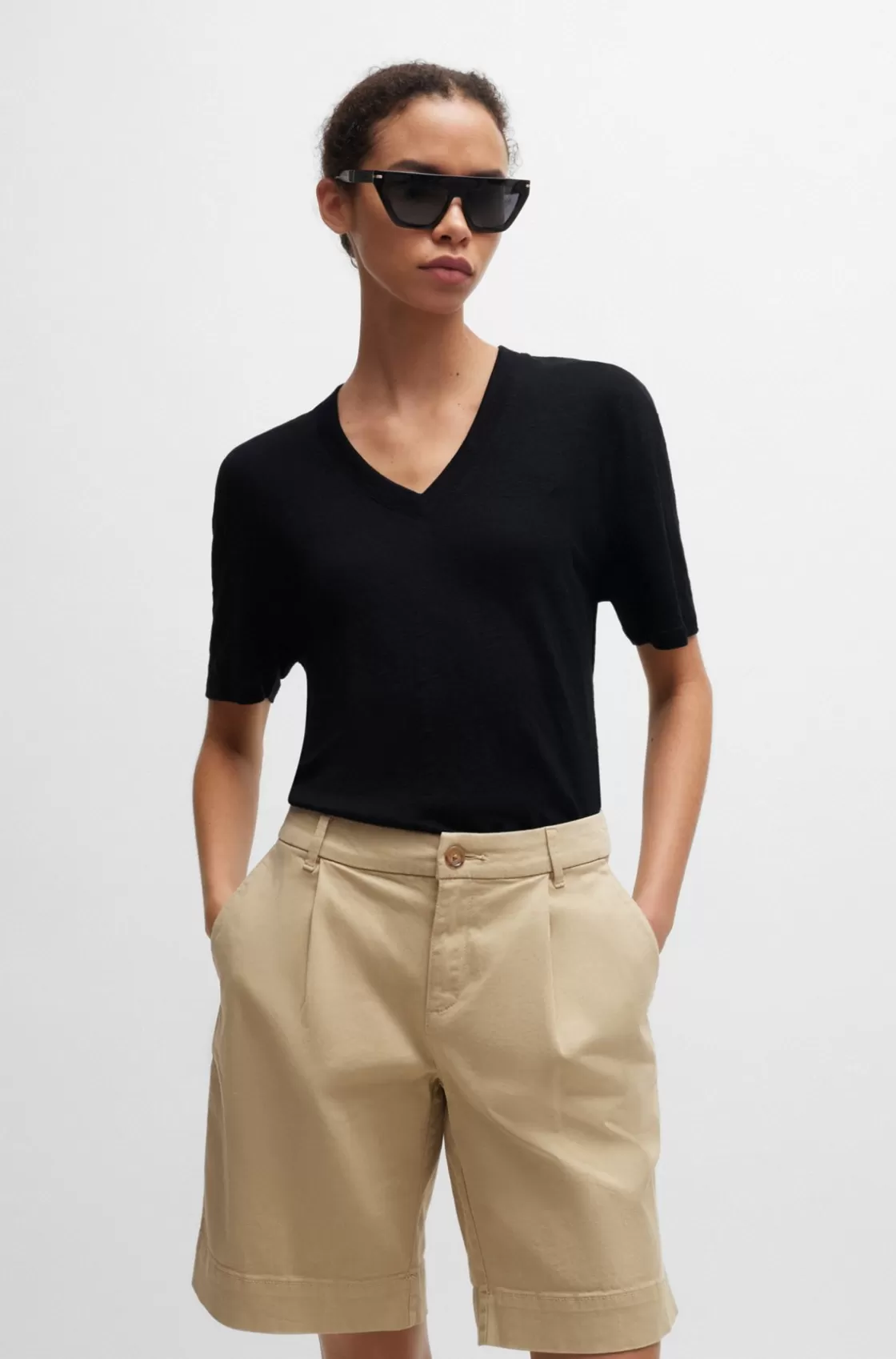HUGO BOSS V-neck T-shirt In Linen Black Cheap