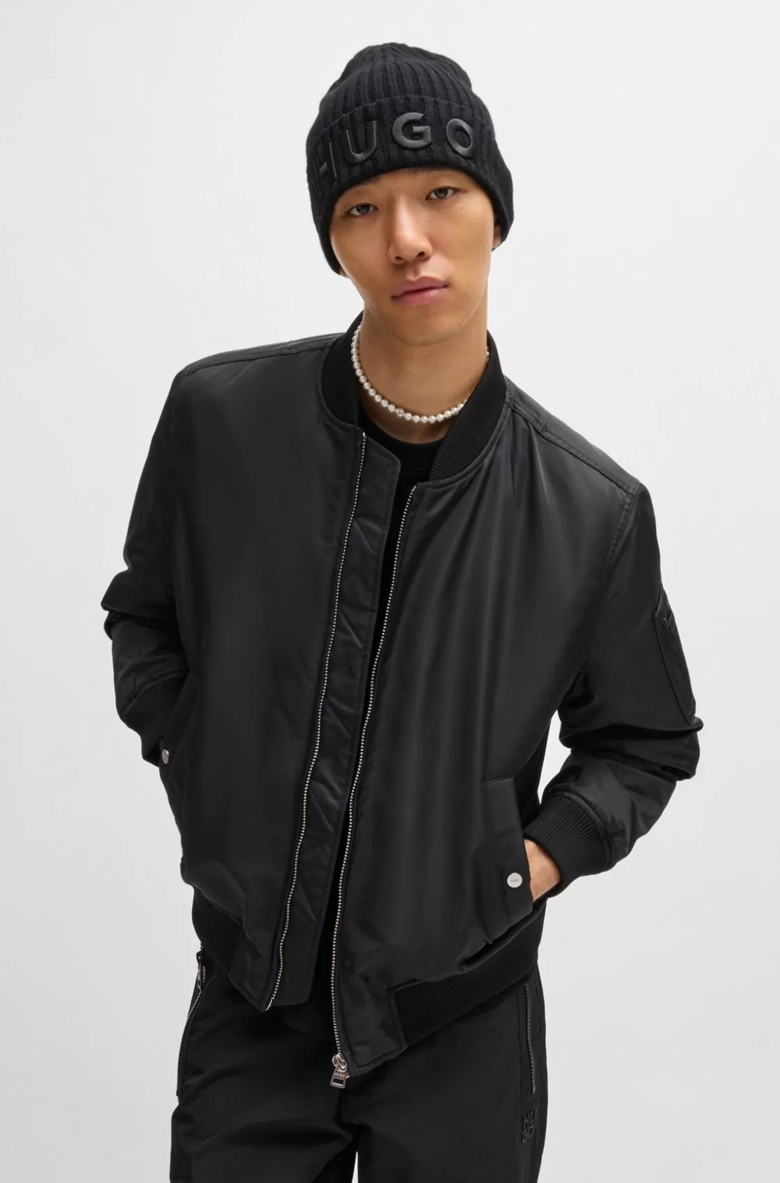 HUGO BOSS Water-repellent Bomber Jacket With Branded Sleeve Pocket Black Best Sale