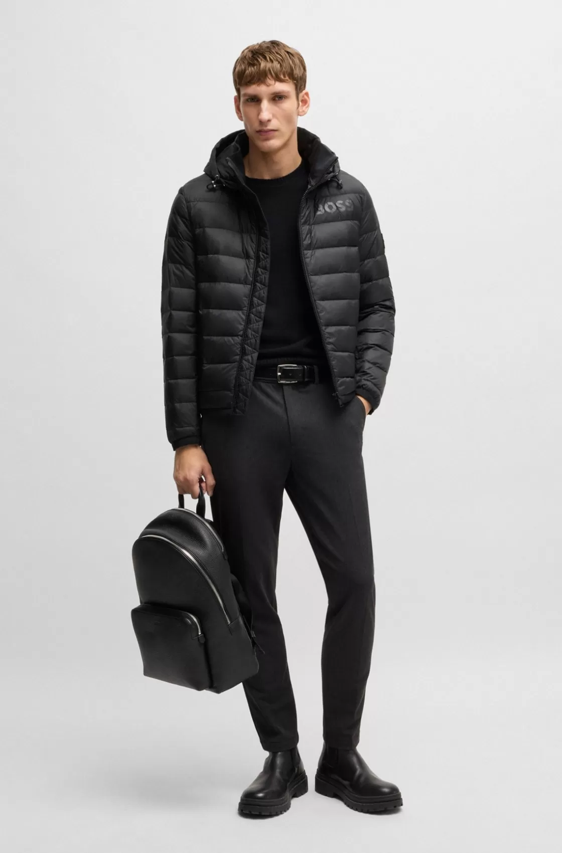 HUGO BOSS Water-repellent Down Jacket With Tonal Logo Black New