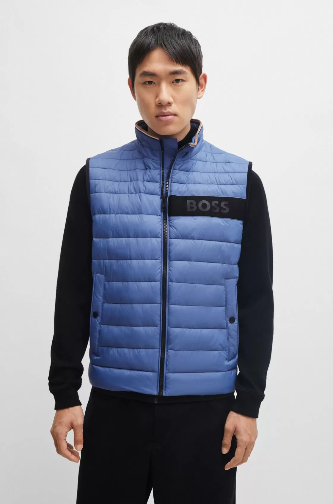 HUGO BOSS Water-repellent Gilet With 3D-logo Tape Light Blue New