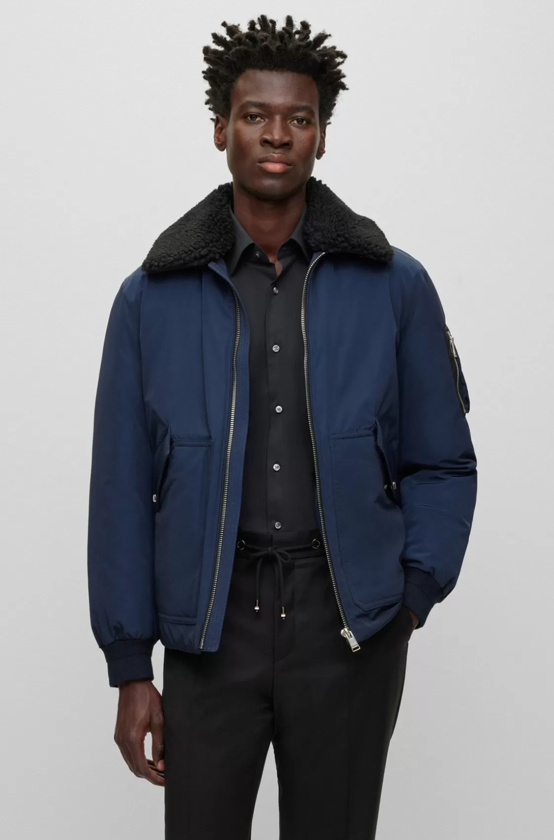 HUGO BOSS Water-repellent Jacket With Faux-fur Collar Dark Blue Fashion