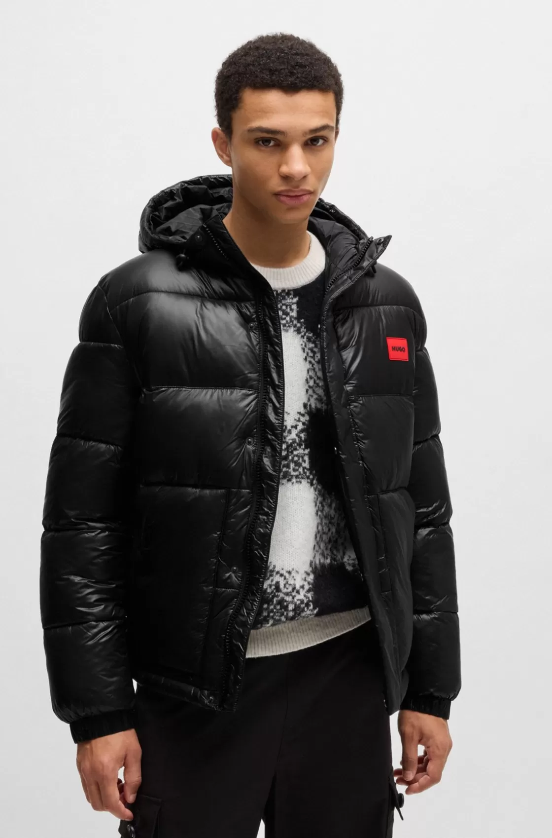 HUGO BOSS Water-repellent Puffer Jacket With Red Logo Label Black Best