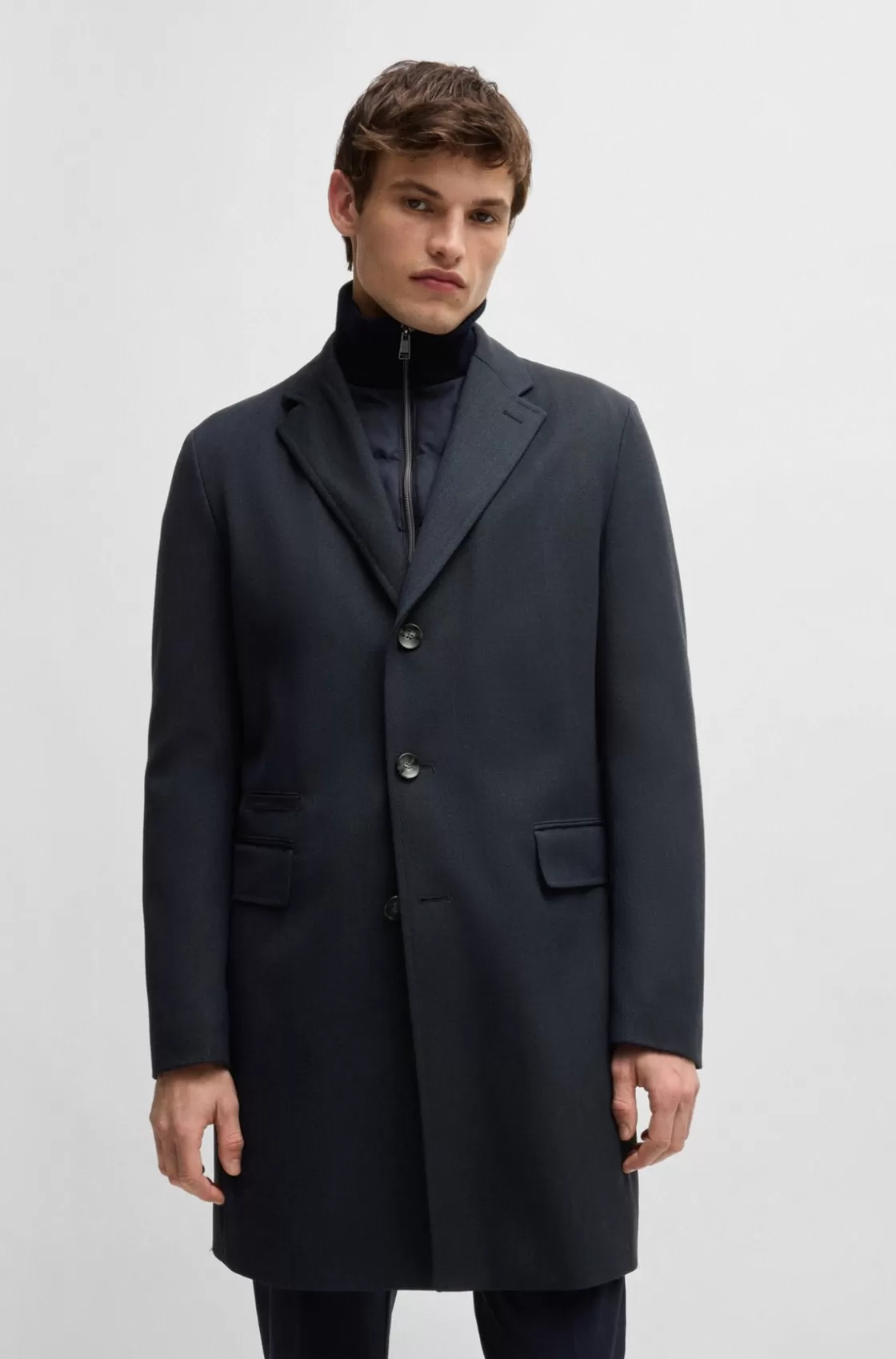 HUGO BOSS Water-repellent Wool-blend Coat With Zip-up Inner Dark Blue Flash Sale