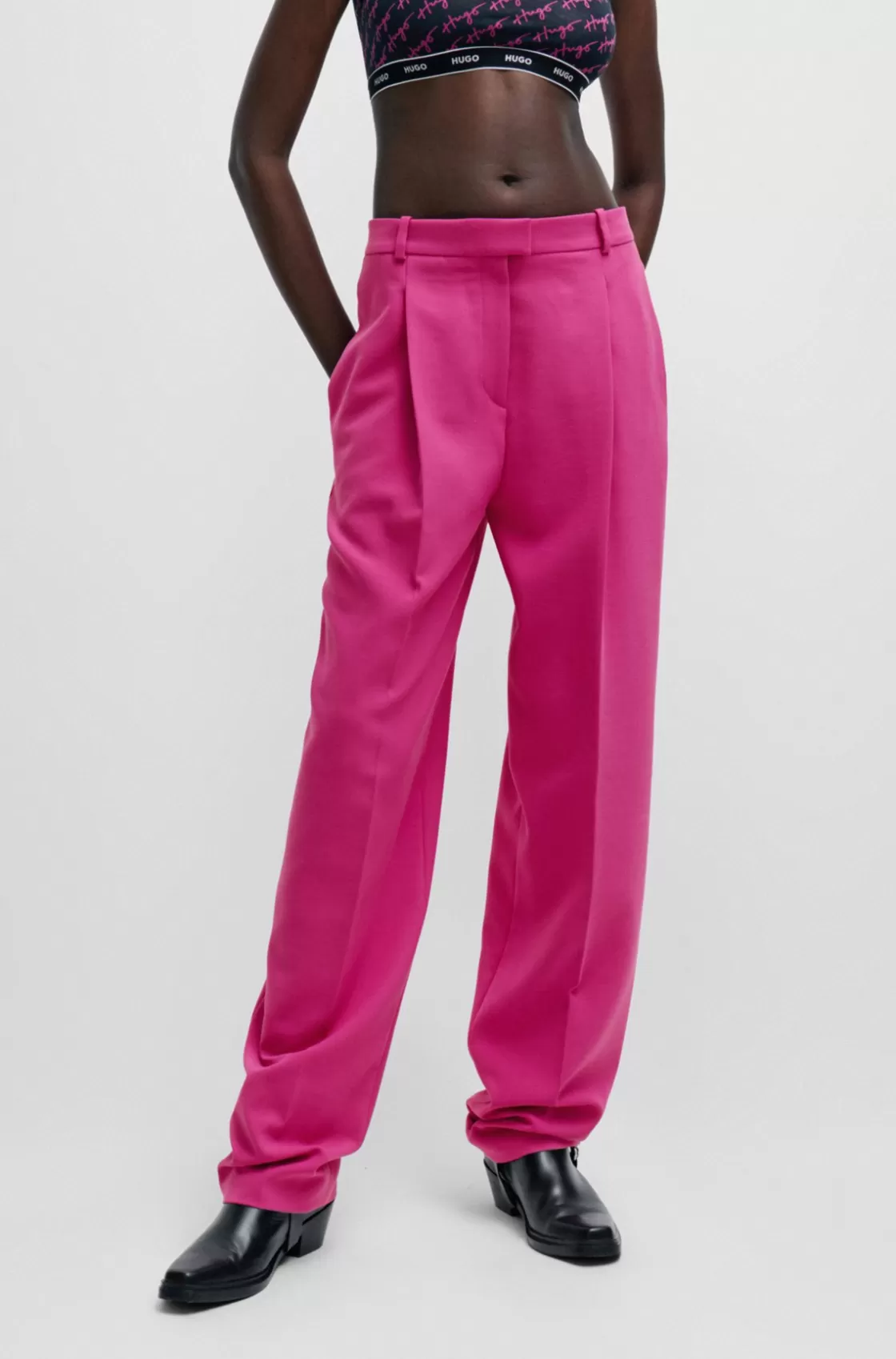 HUGO BOSS Wide-leg Regular-fit Trousers With Front Pleats Dark pink Sale