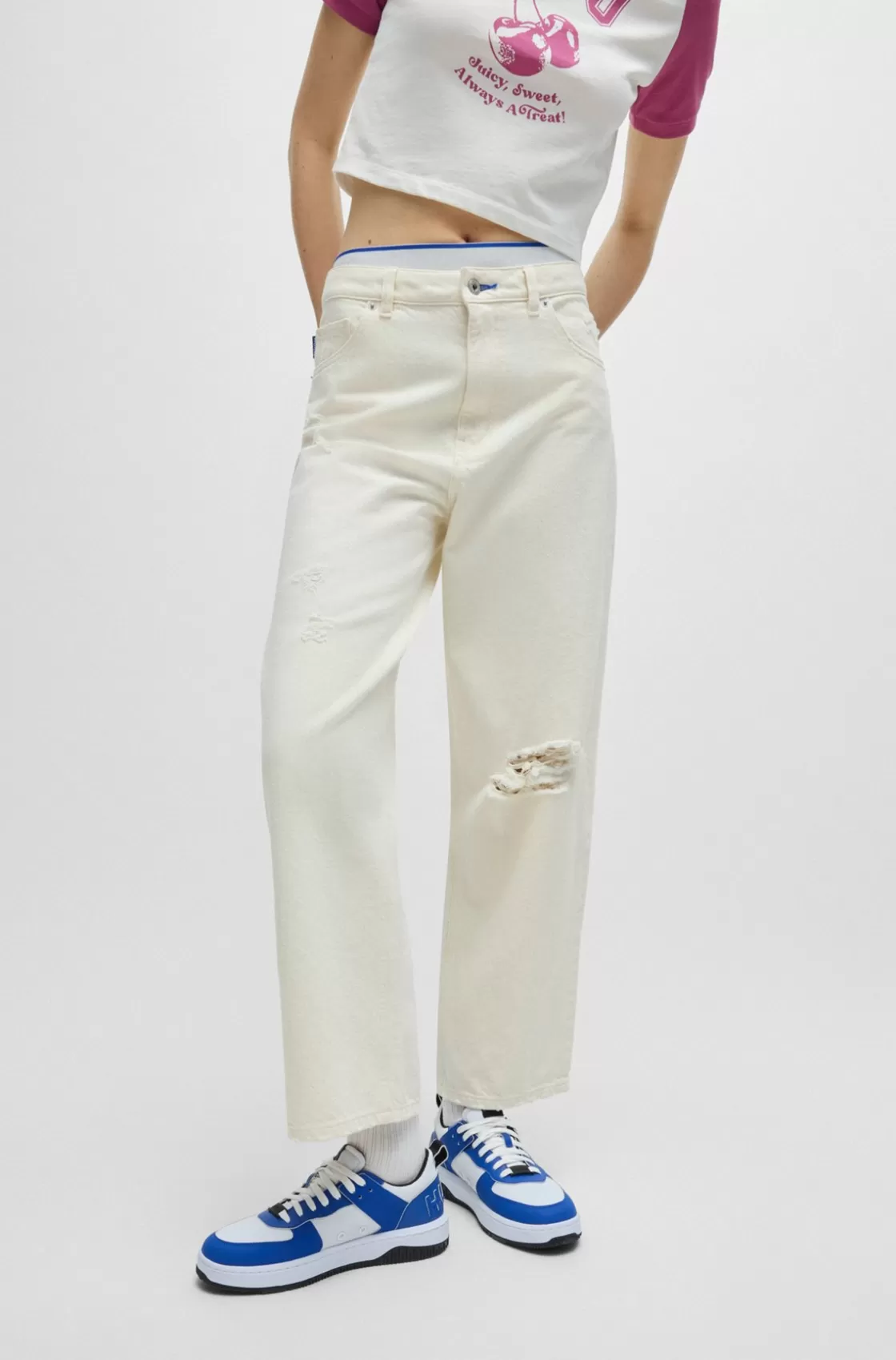 HUGO BOSS Wide-leg Relaxed-fit Jeans In Distressed Denim Light Beige New