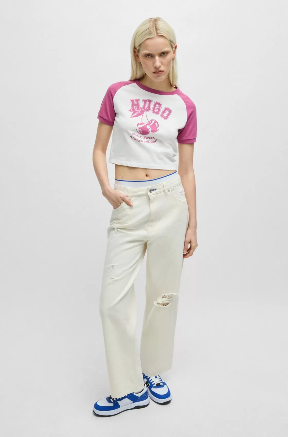 HUGO BOSS Wide-leg Relaxed-fit Jeans In Distressed Denim Light Beige New
