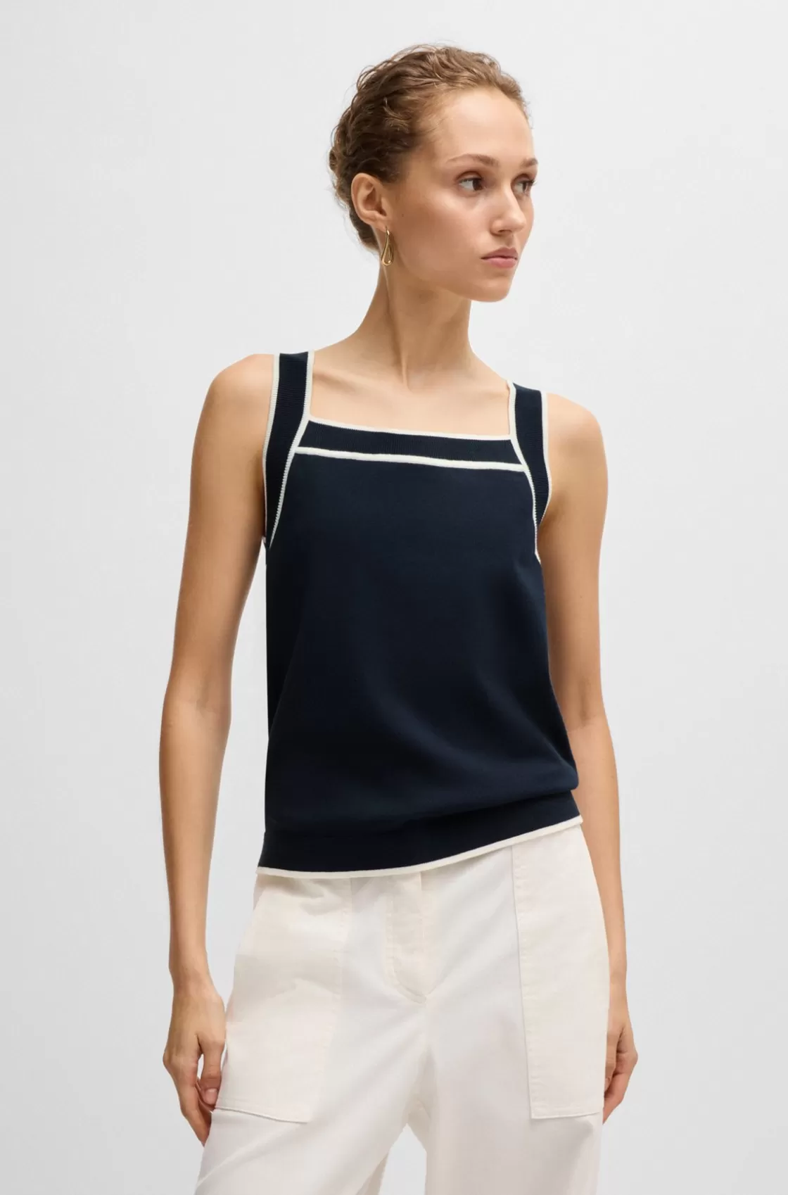 HUGO BOSS Wide-neck Knitted Vest Top With Contrast Piping Dark Blue Best