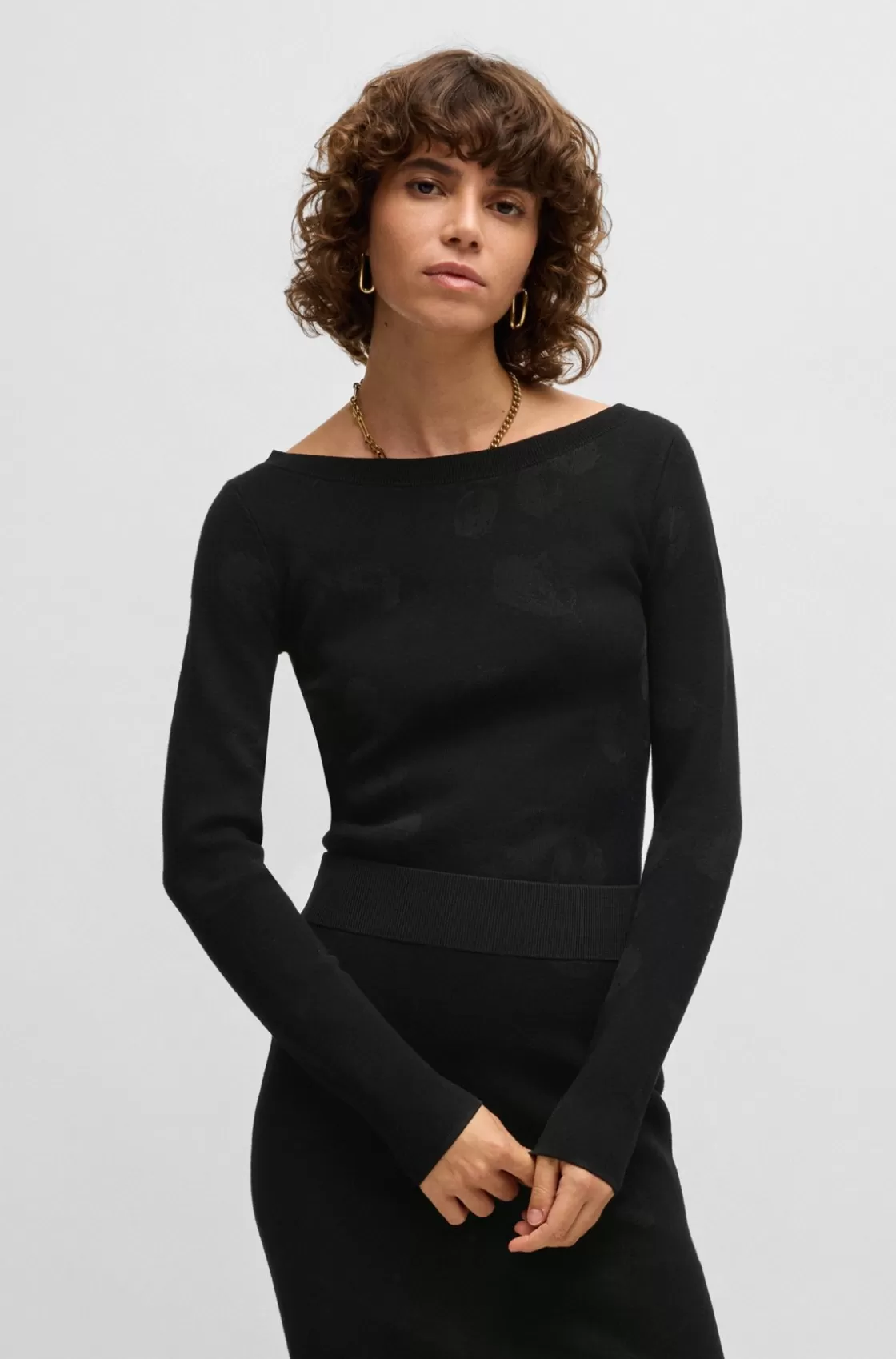 HUGO BOSS Wide-neck Sweater In Stretch Jacquard Black Hot