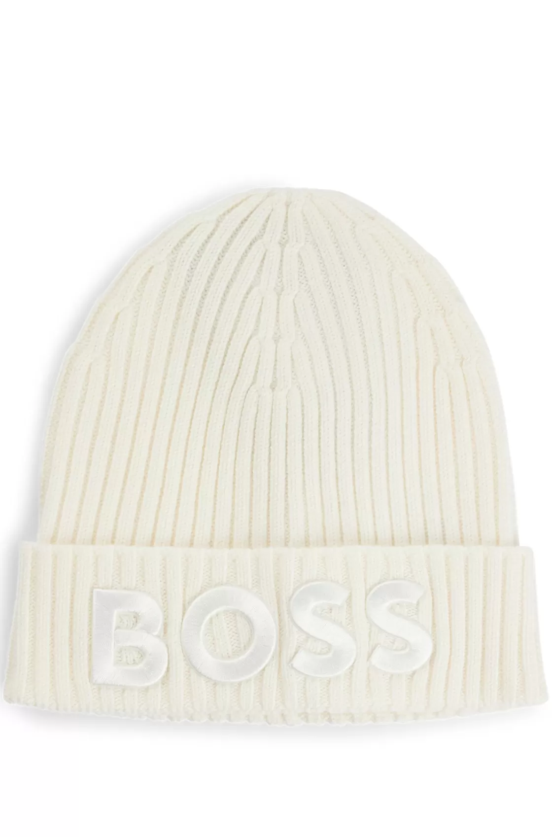 HUGO BOSS Wool Beanie Hat With Embroidered Logo White New