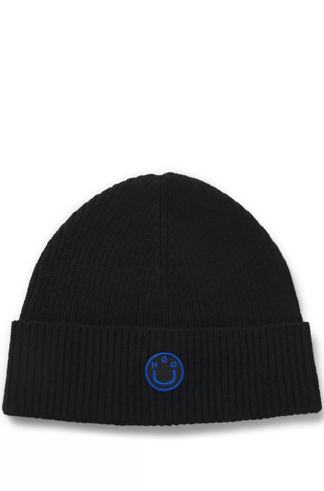HUGO BOSS Wool Beanie Hat With Happy HUGO Badge Black Clearance