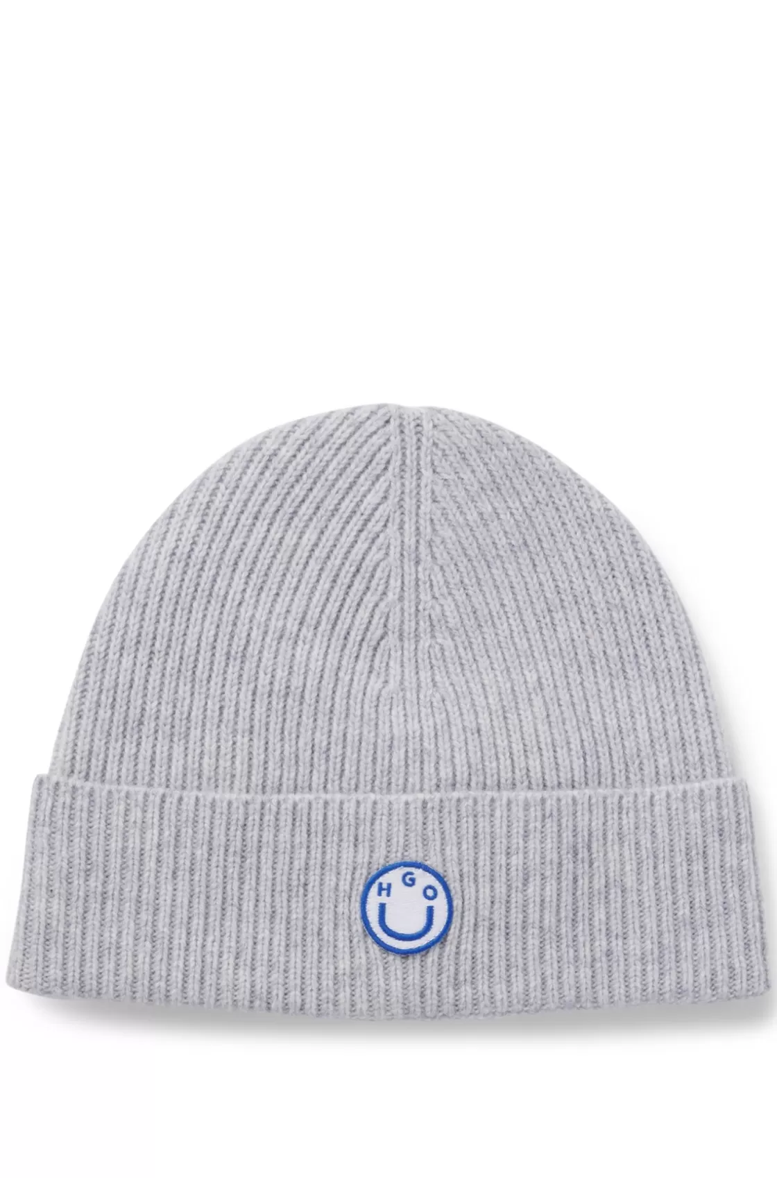 HUGO BOSS Wool Beanie Hat With Happy HUGO Badge Light Grey Cheap