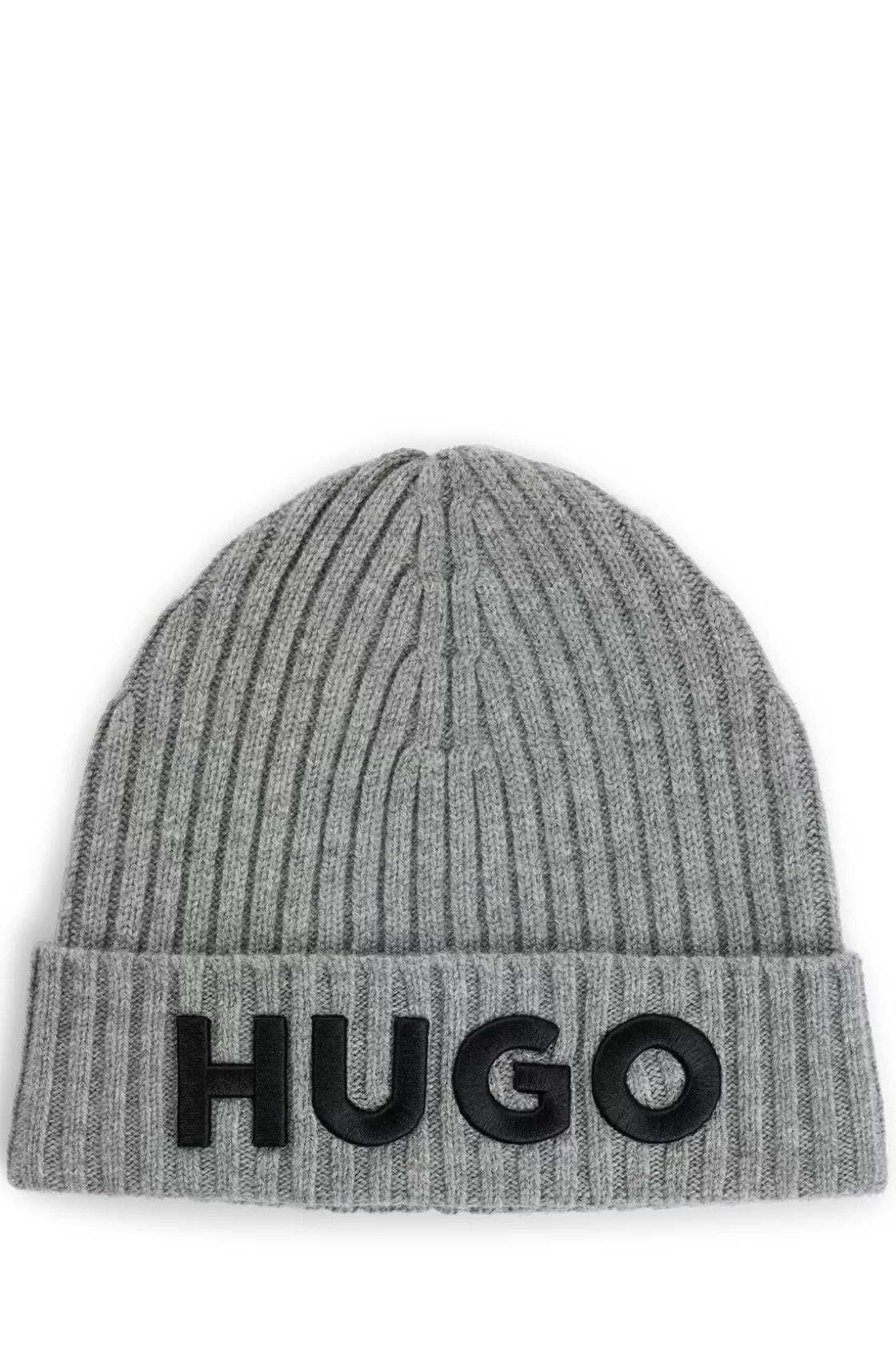 HUGO BOSS Wool Beanie Hat With Logo Detail Grey Hot