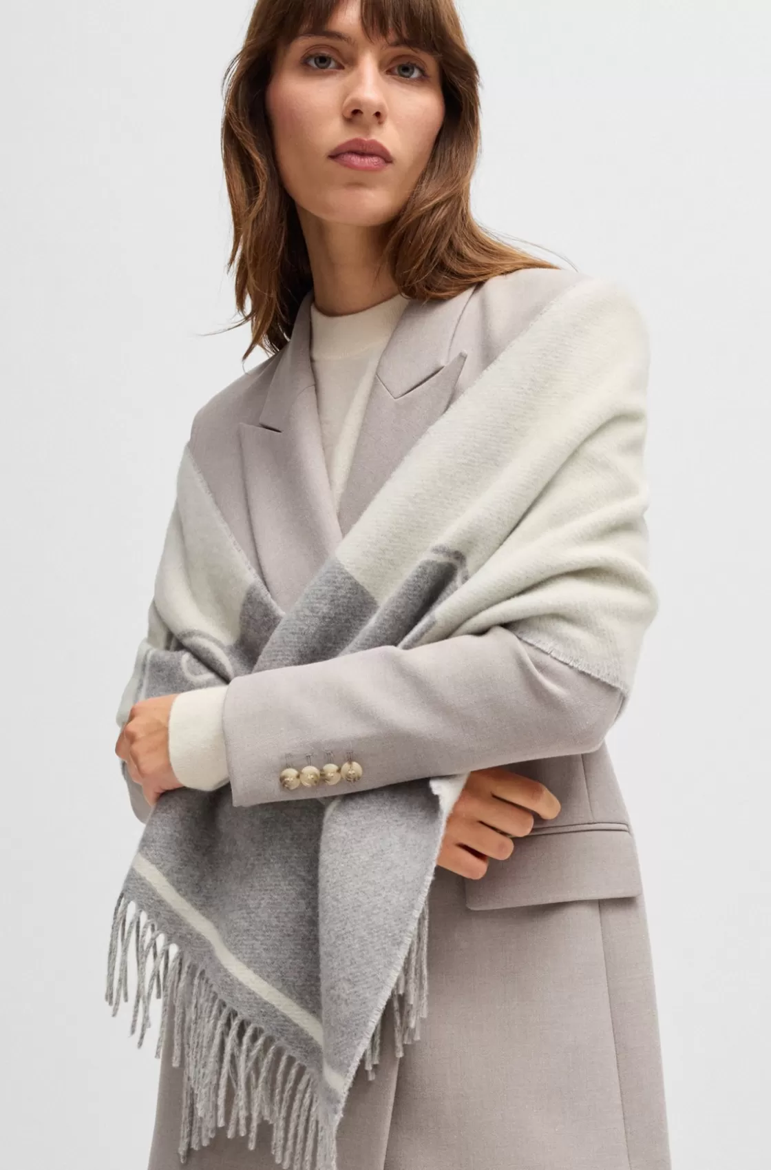 HUGO BOSS Wool Scarf With Double B Monogram Grey Best Sale