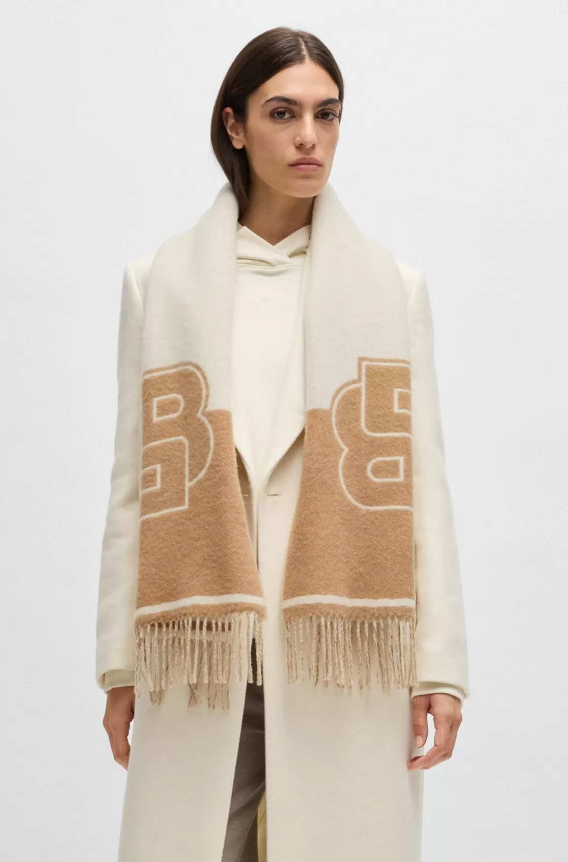 HUGO BOSS Wool Scarf With Double B Monogram Beige Cheap