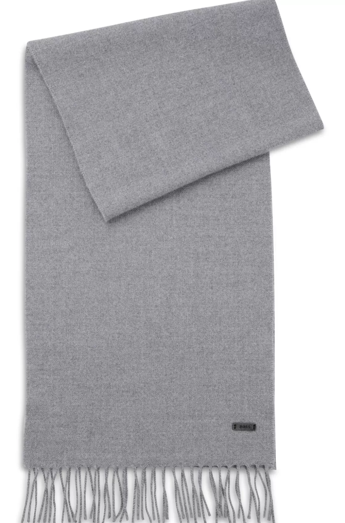 HUGO BOSS Wool Scarf With Logo Label And Twisted Fringes Silver Cheap