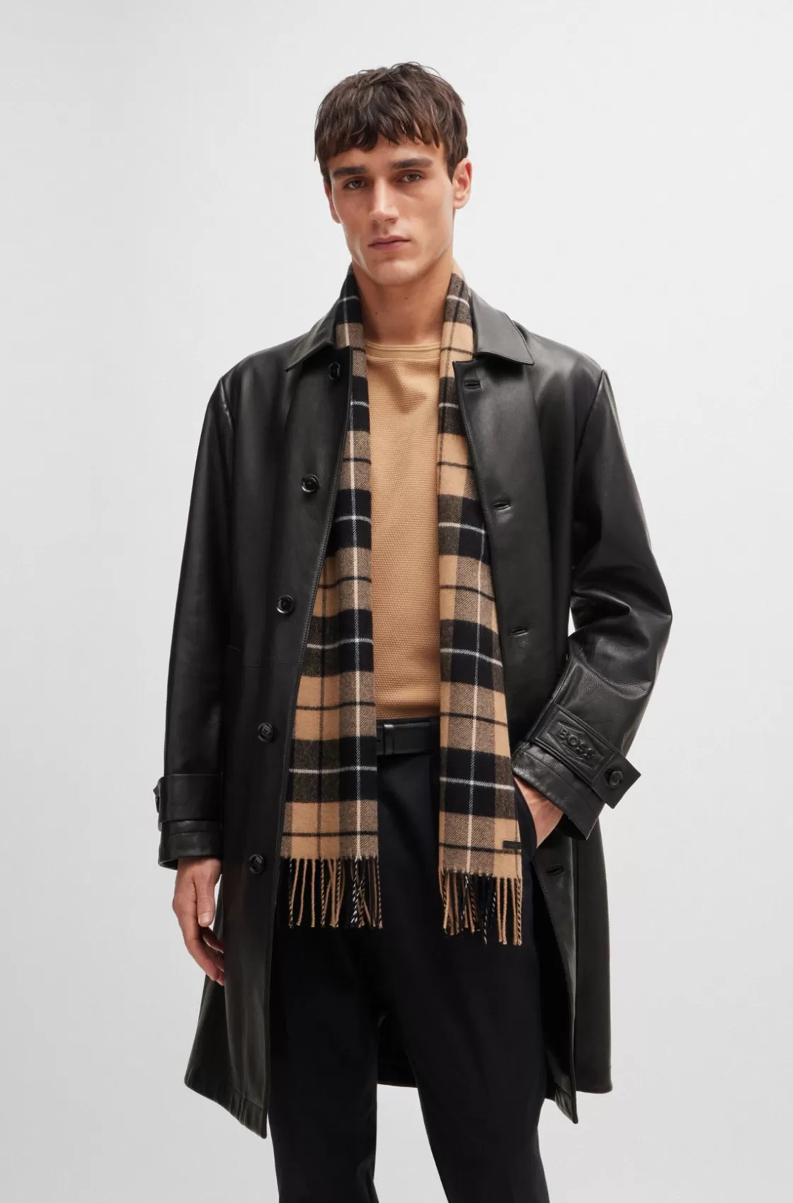 HUGO BOSS Wool Scarf With Twisted Fringes Beige Online