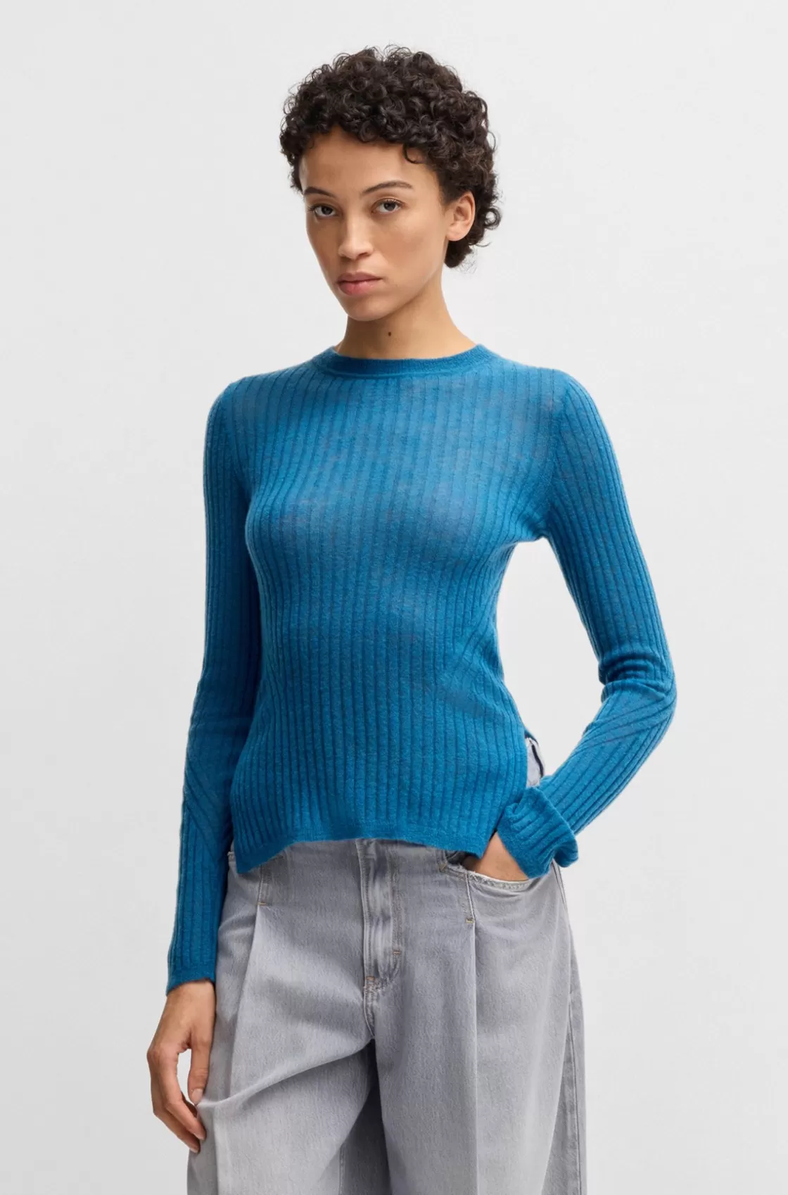 HUGO BOSS Wool Slim-fit Sweater With Raw Edges Dark Blue Online