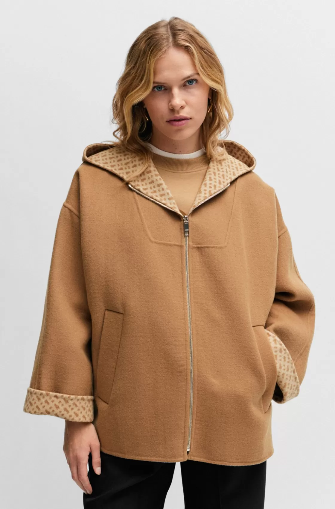 HUGO BOSS Wool-blend Coat With Monogram-jacquard Interior Patterned Cheap